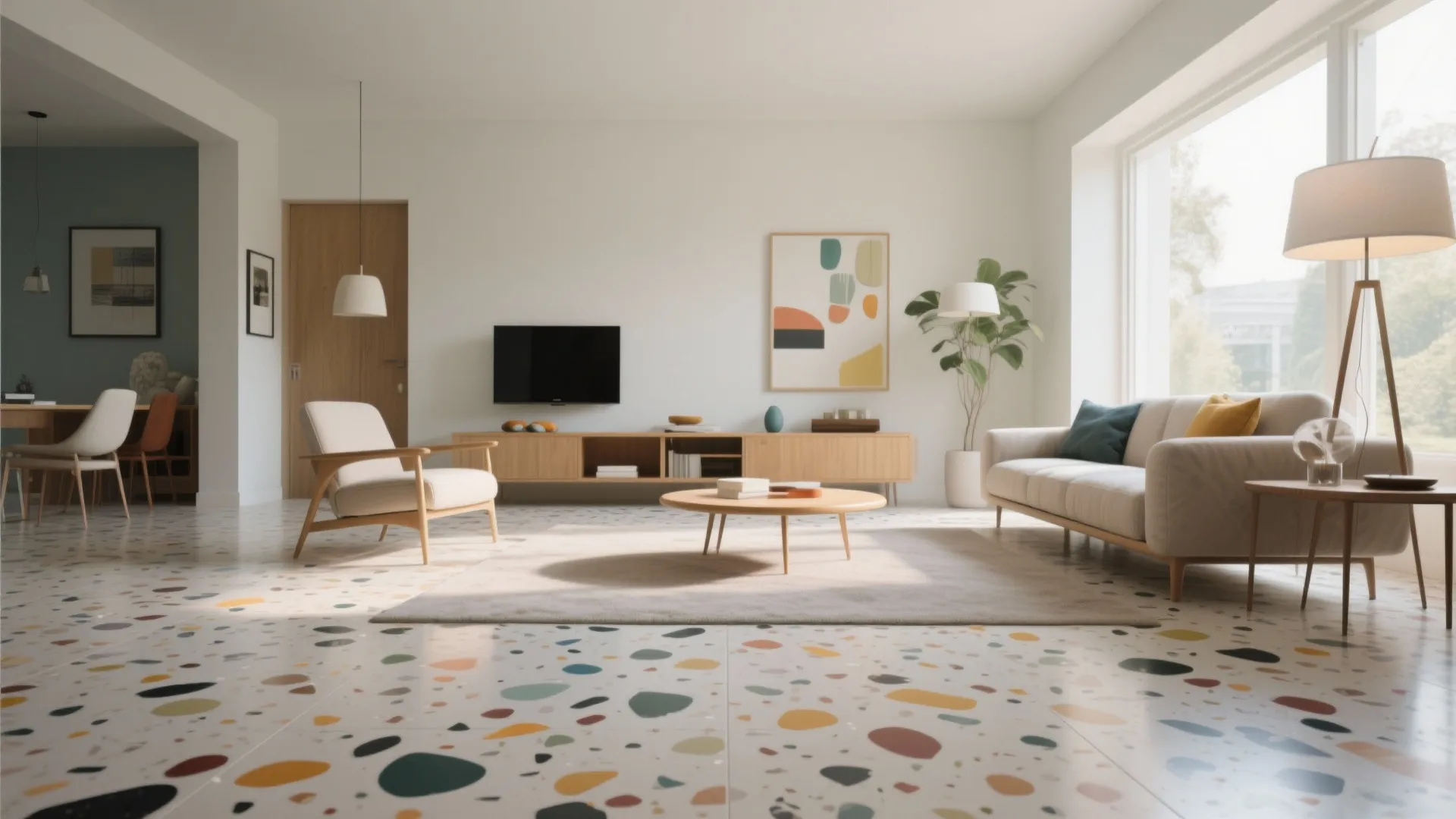 Modern living room featuring colorful speckled floor tiles white sofa wooden cabinet and natural light