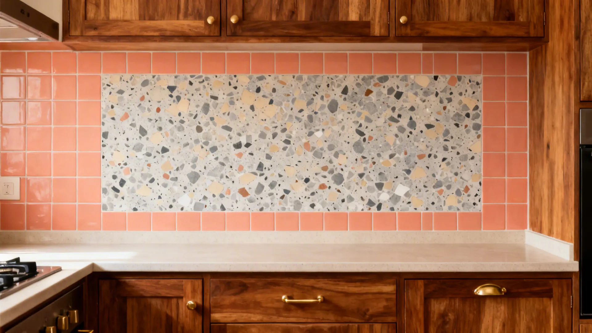Terrazzo-look wall tiles with warm coral and sand chips framed above a cooktop in Kerala.