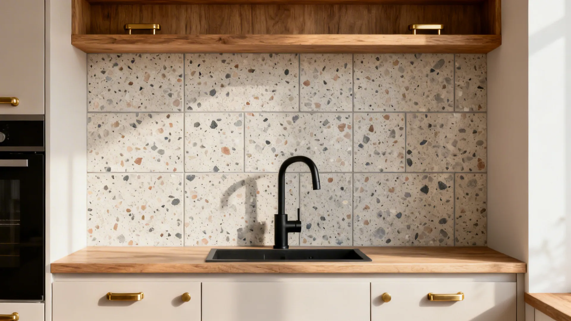 Neutral terrazzo-look glazed tile backsplash with soft speckles and warm gray grout in a compact kitchen.