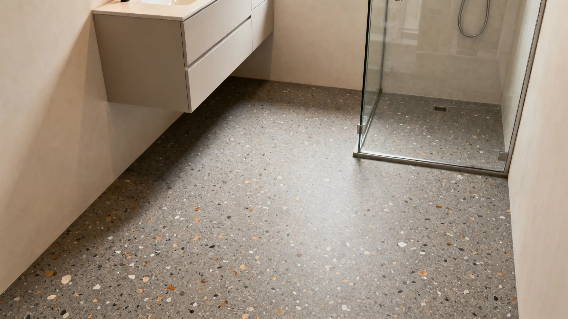 Matte terrazzo-look porcelain for slip-resistance and style