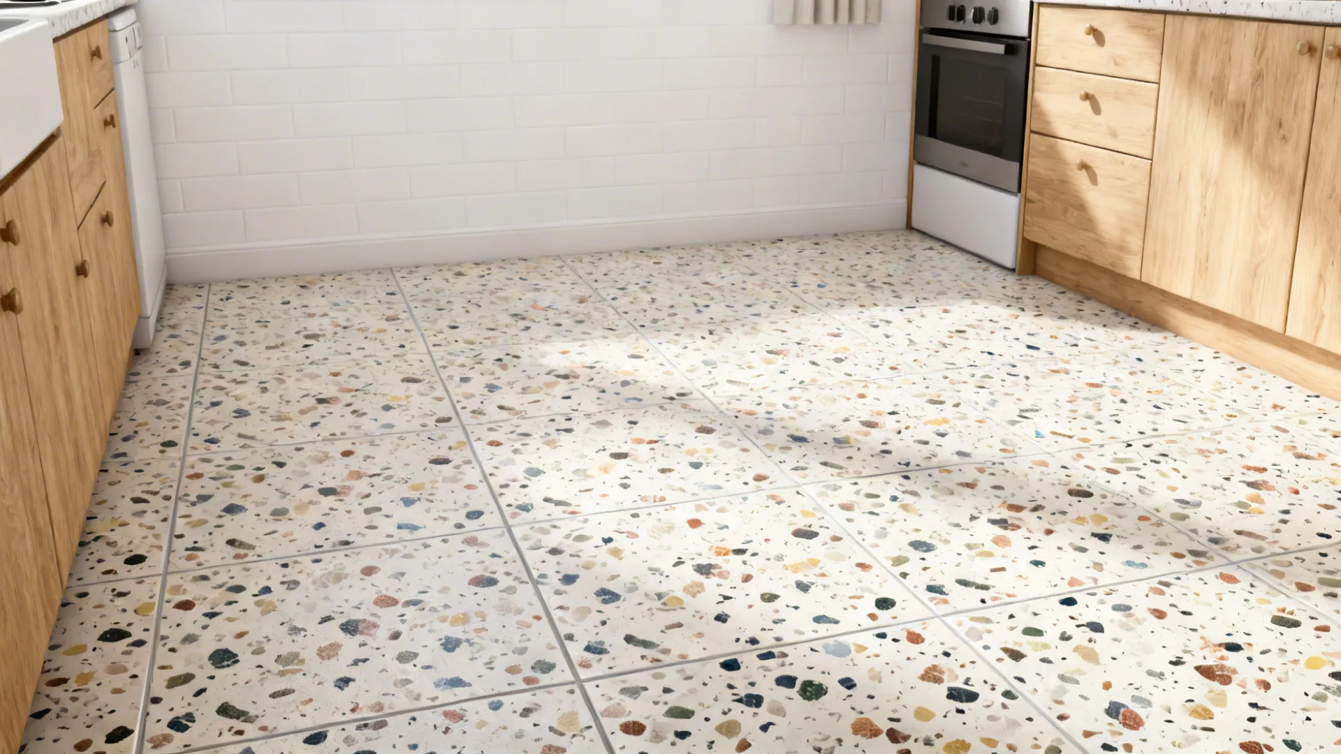 Small kitchen with terrazzo-look porcelain floor and a simple matte white backsplash.