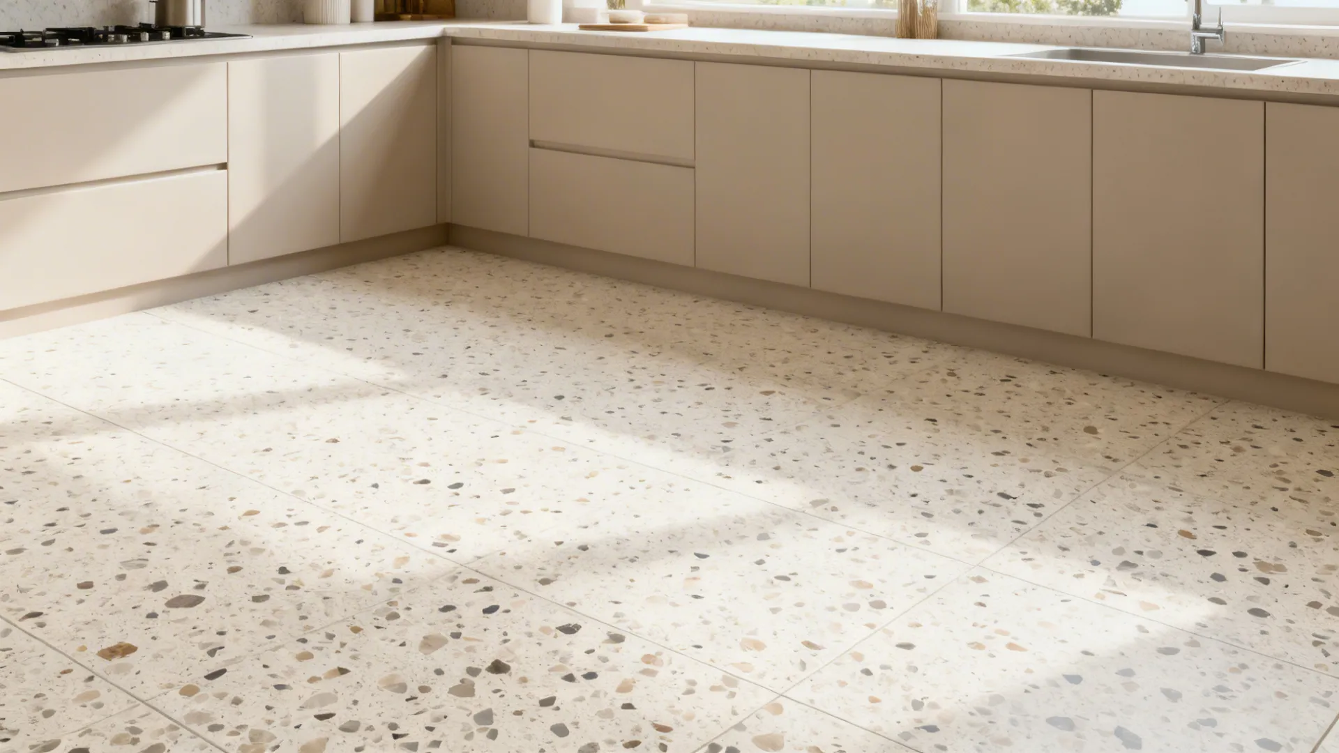 Medium-chip terrazzo-look porcelain floor balanced with matte cabinets in a modern Bengaluru kitchen.