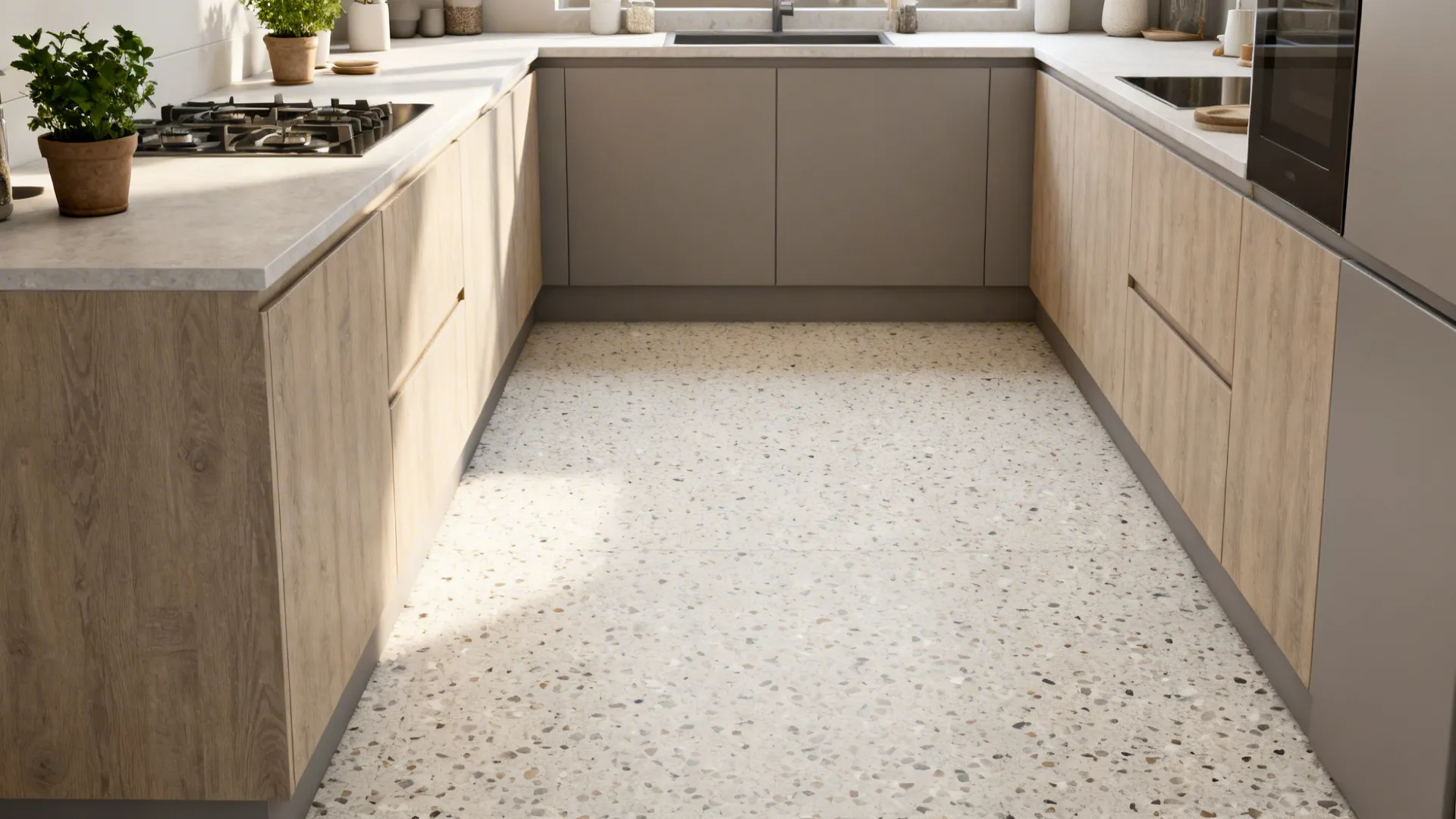 Terrazzo-look porcelain floor with muted chips complements light wood cabinets in a small kitchen.