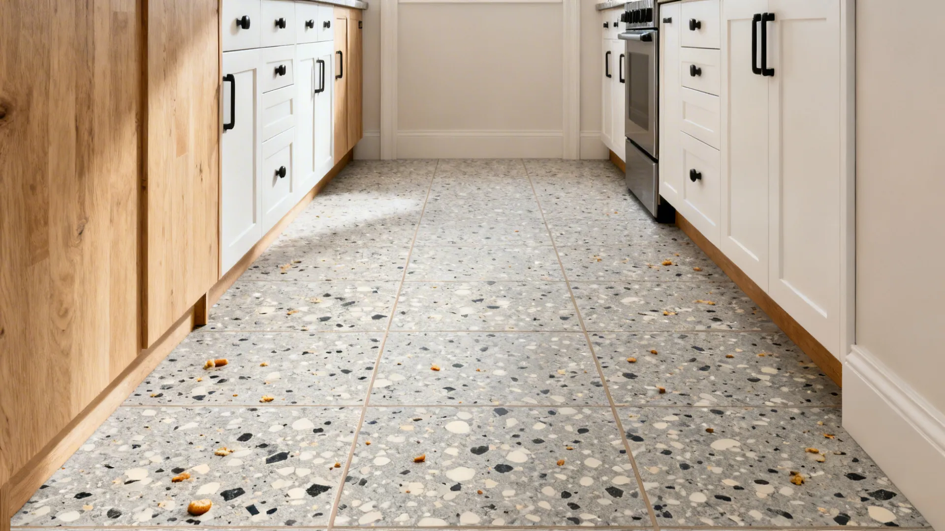 Warm-grey terrazzo-look porcelain tiles with ivory and charcoal chips in a galley kitchen.