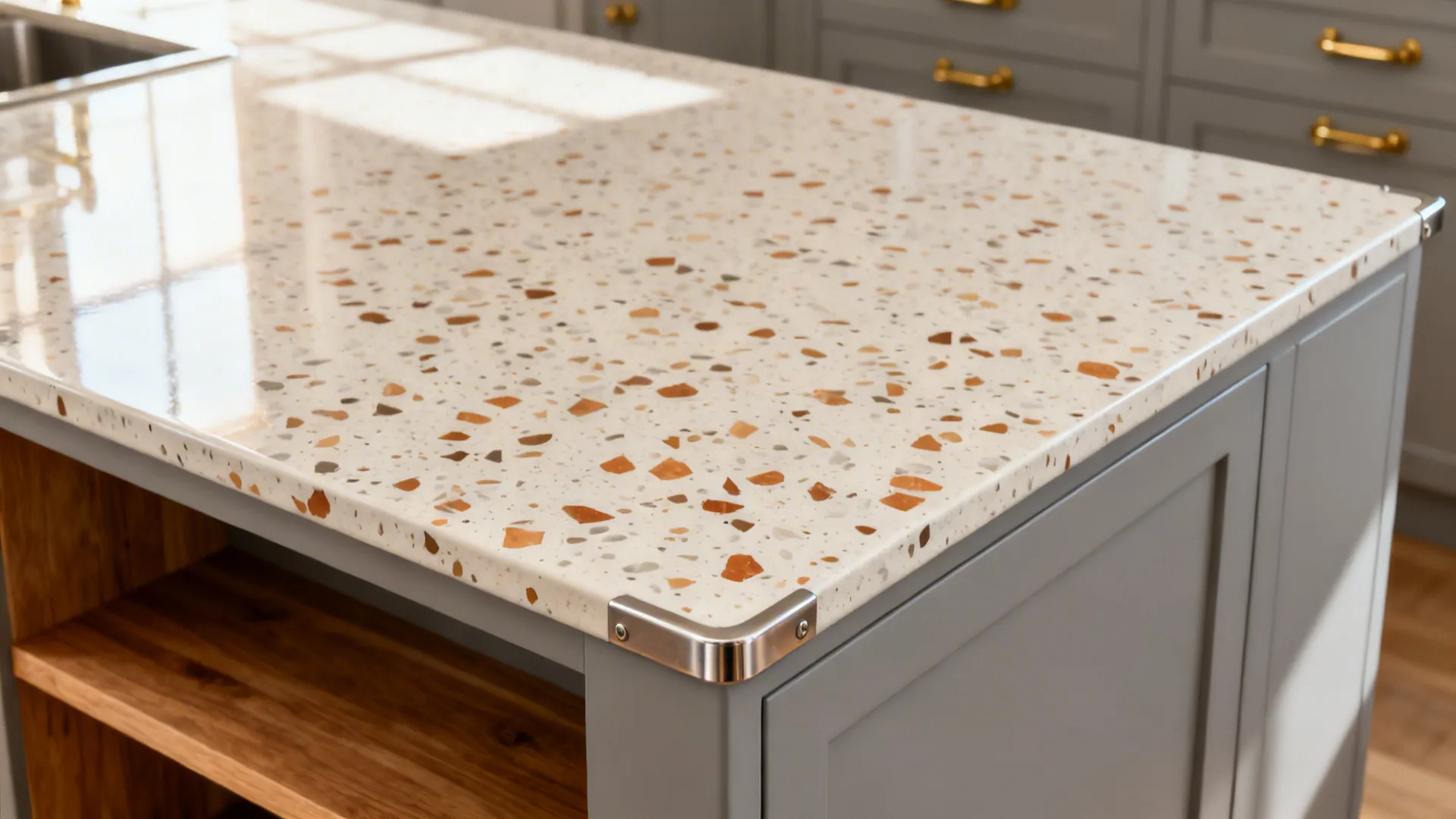 Terrazzo-look porcelain island with soft gray base and warm chips in a small kitchen.