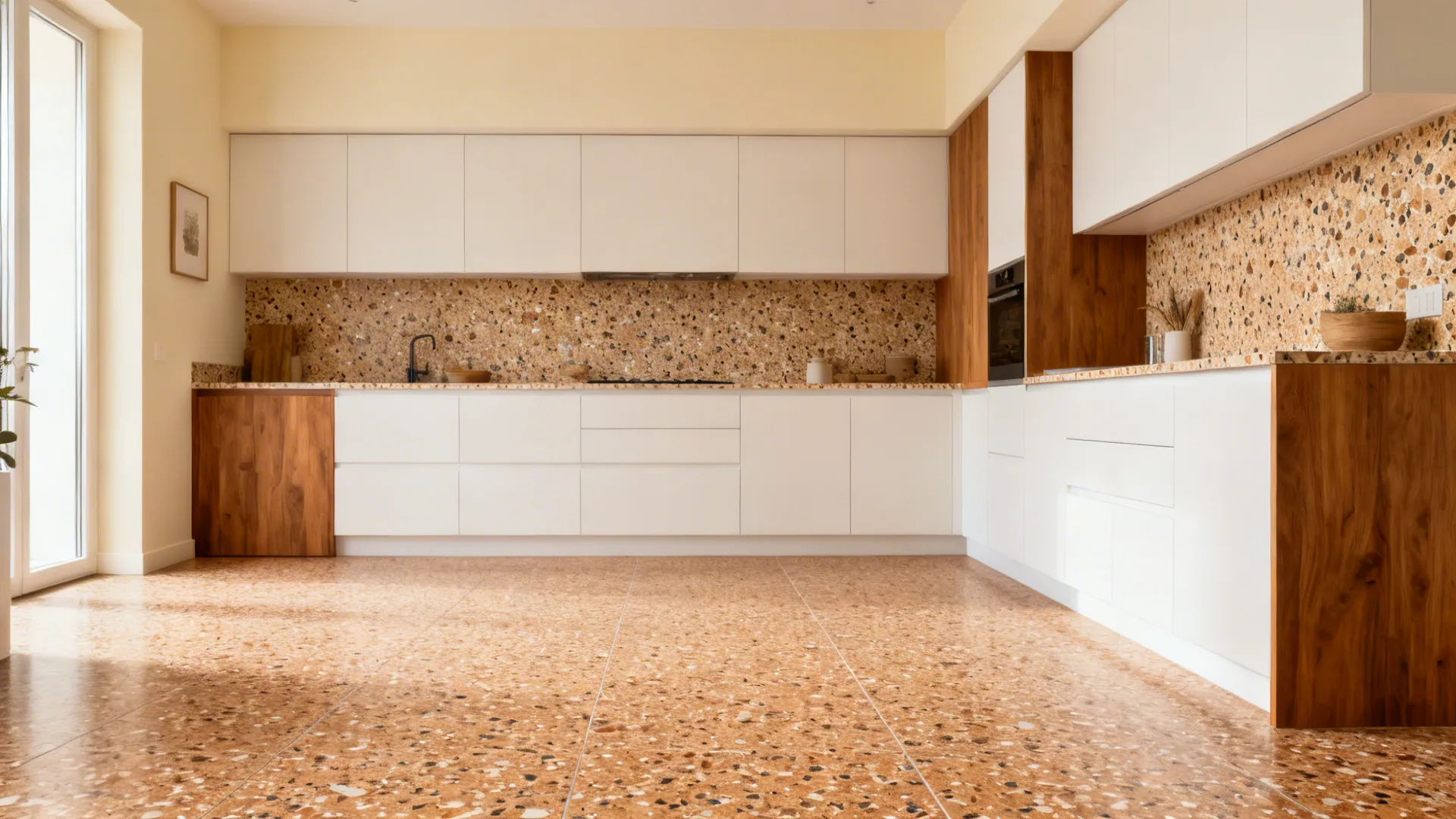 Small kitchen featuring warm terrazzo-look porcelain on floor and short backsplash.