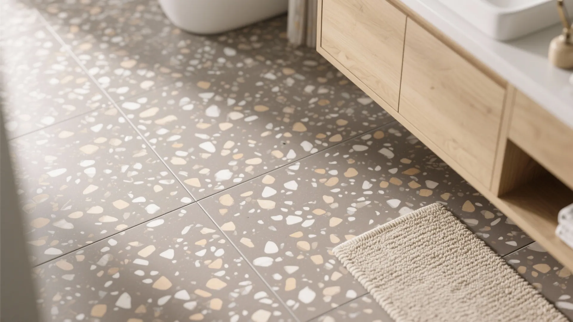 Close up of speckled floor tiles in a bathroom next to a wooden cabinet and rug