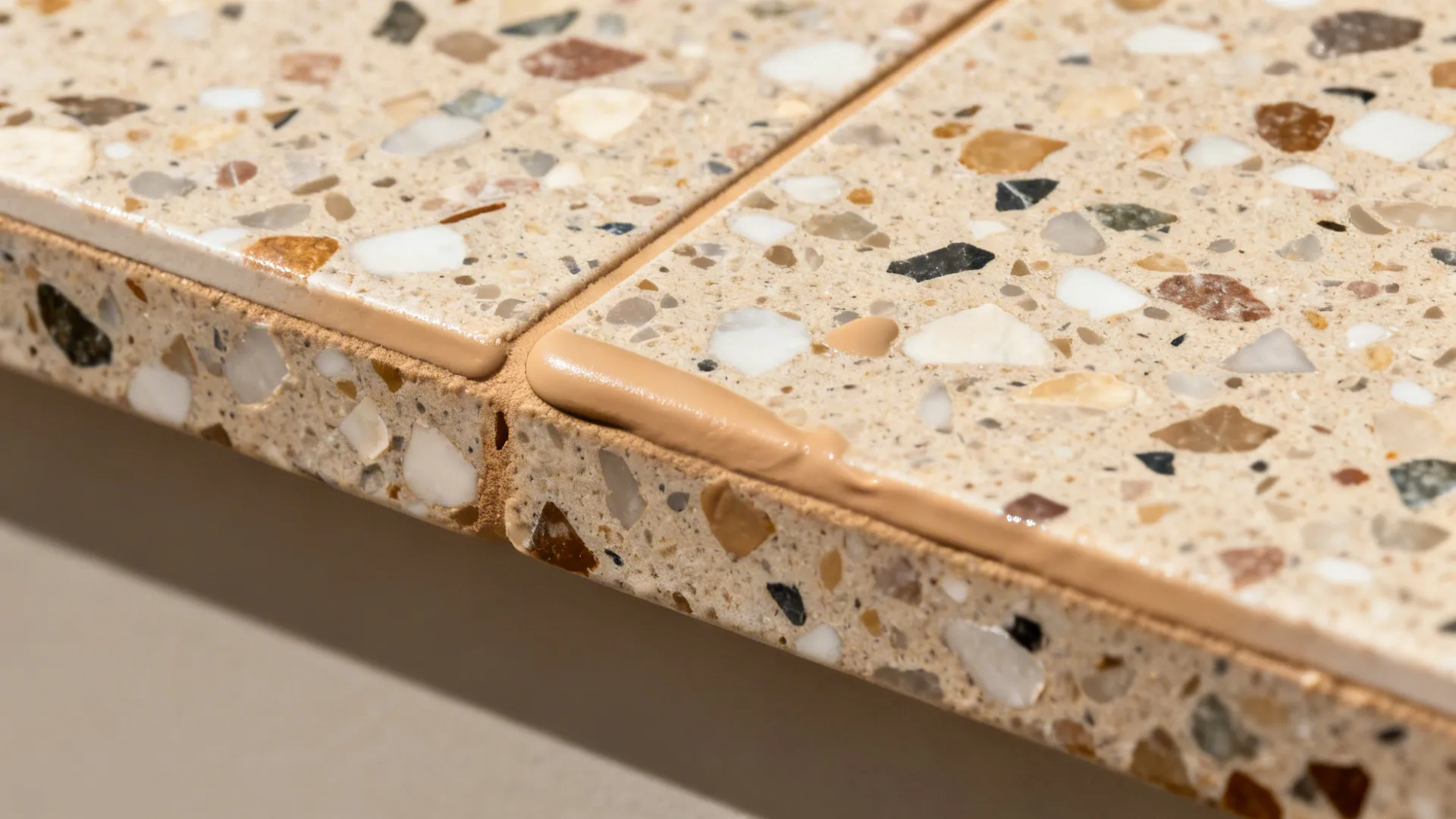 Macro of fine-chip terrazzo tile with warm grout and rounded edge.