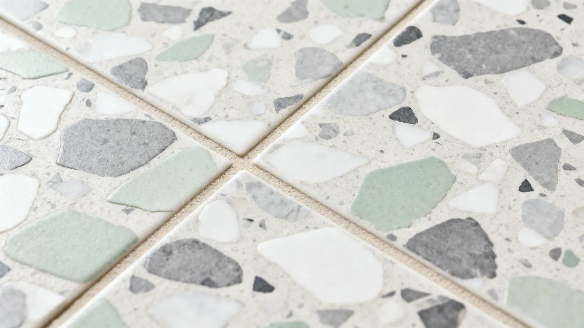 Macro of terrazzo-look porcelain with medium chips and matching grout under soft daylight.
