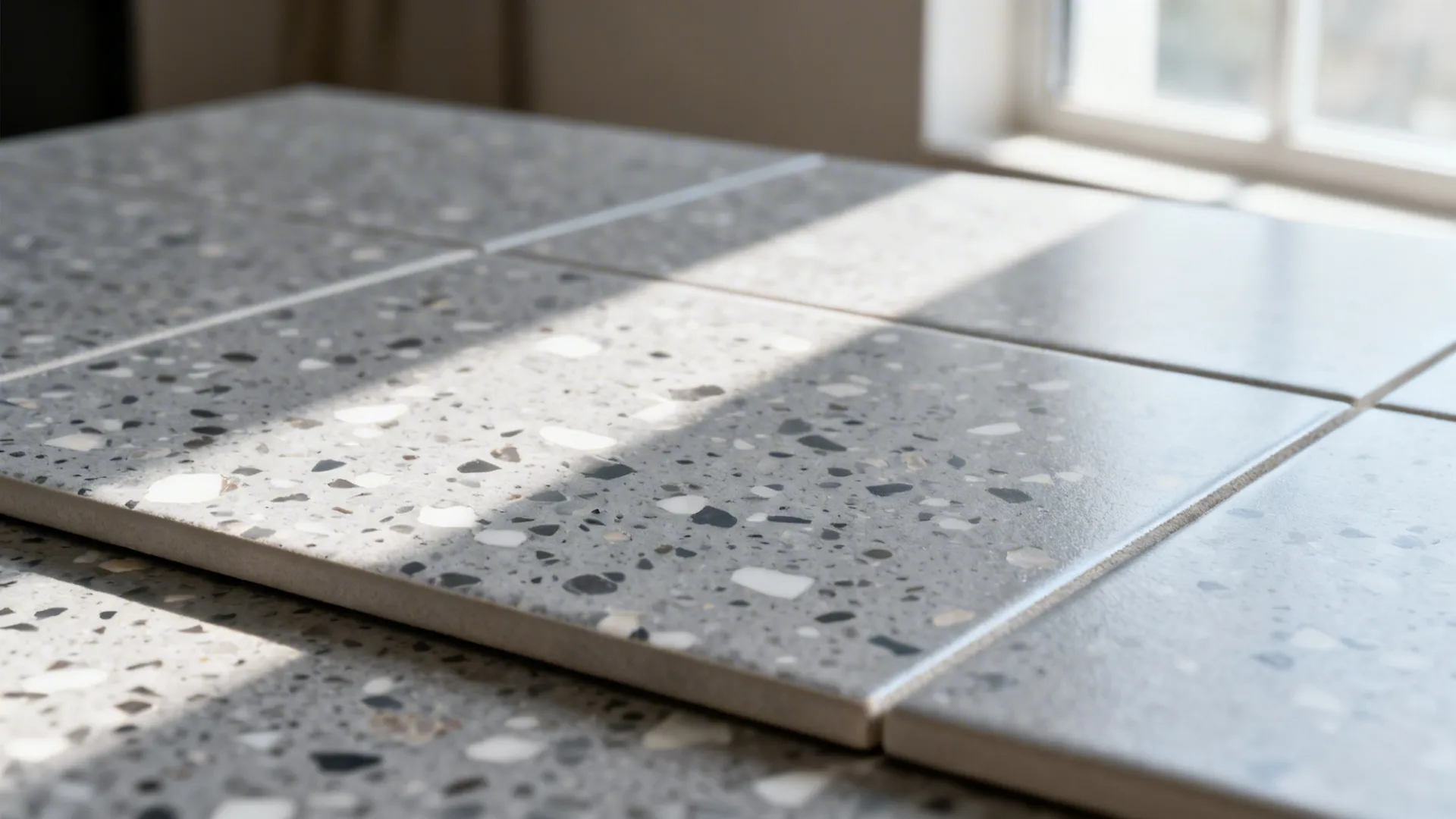 Macro of terrazzo-look porcelain tile showing aggregate chips and a minimal joint on the tabletop.