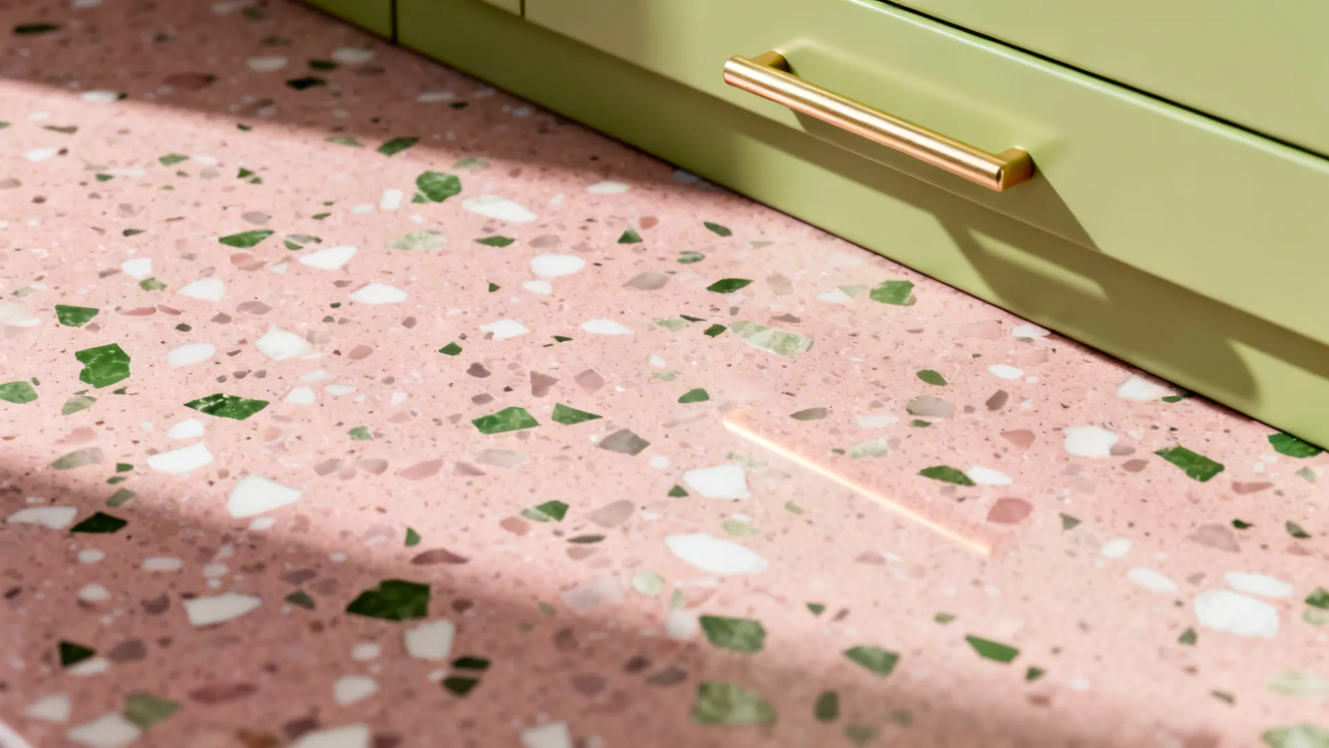 Macro of honed pink terrazzo with green and white chips beside a pistachio cabinet.