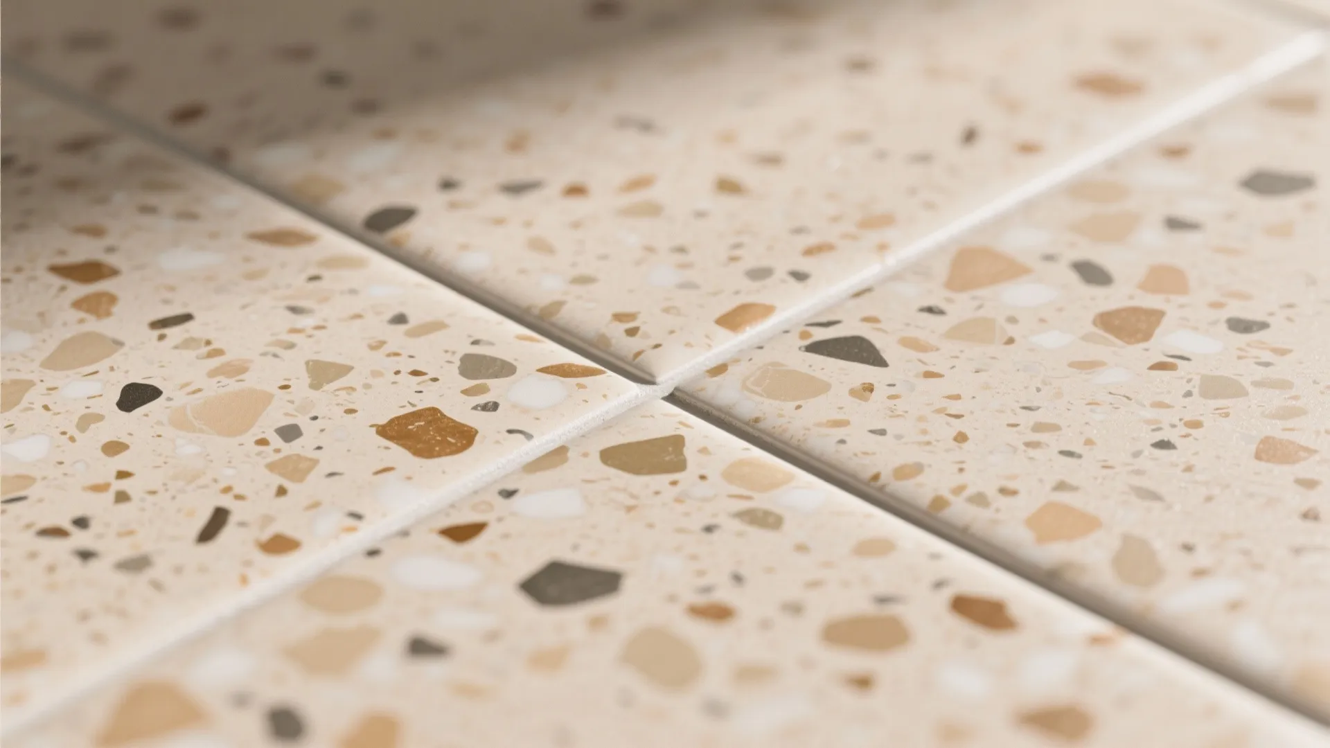 Warm beige floor tiles with brown and grey stone chips showing a detailed modern interior pattern