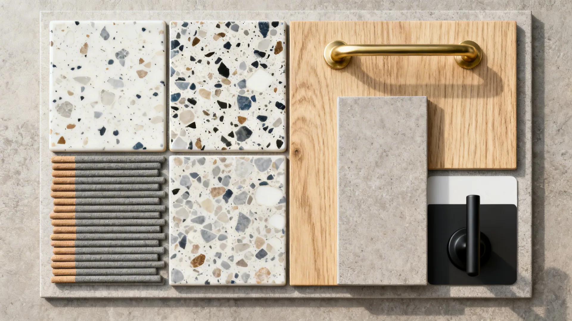 Top-down materials board with terrazzo-look tiles, warm gray grout, oak, brass, and matte black accents.