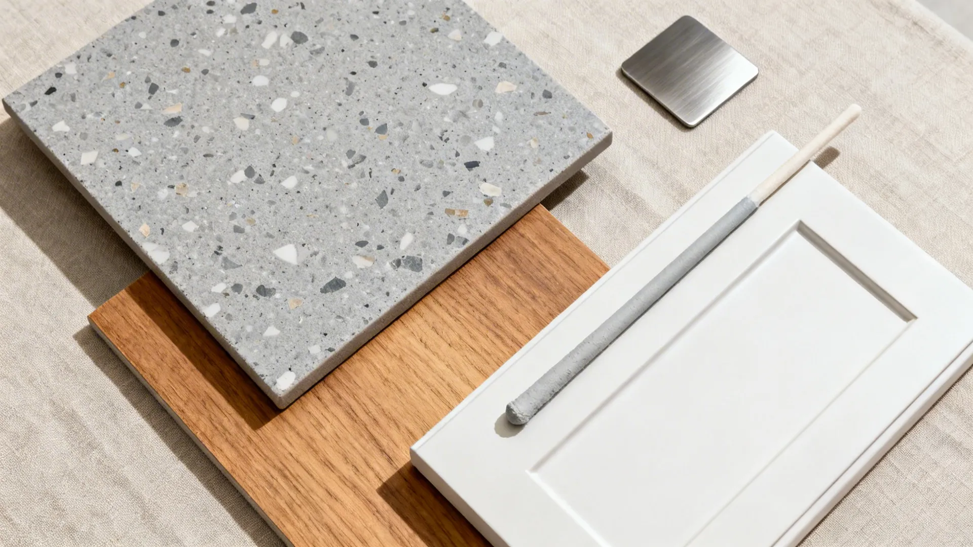 Material flat lay with terrazzo-look tile, wood, off-white, grout, and steel.