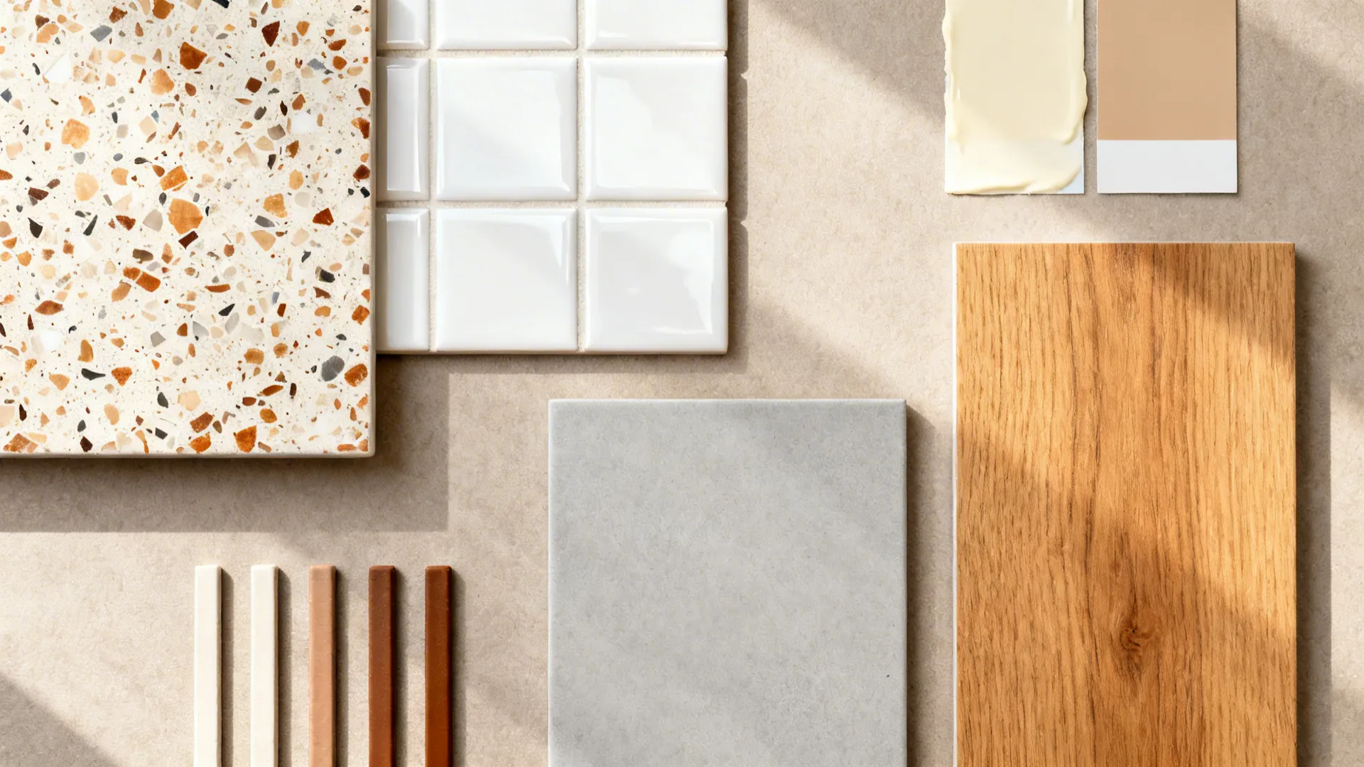 Flatlay with terrazzo-look tile, glossy white tile, matte gray tile, oak, and paint swatches.