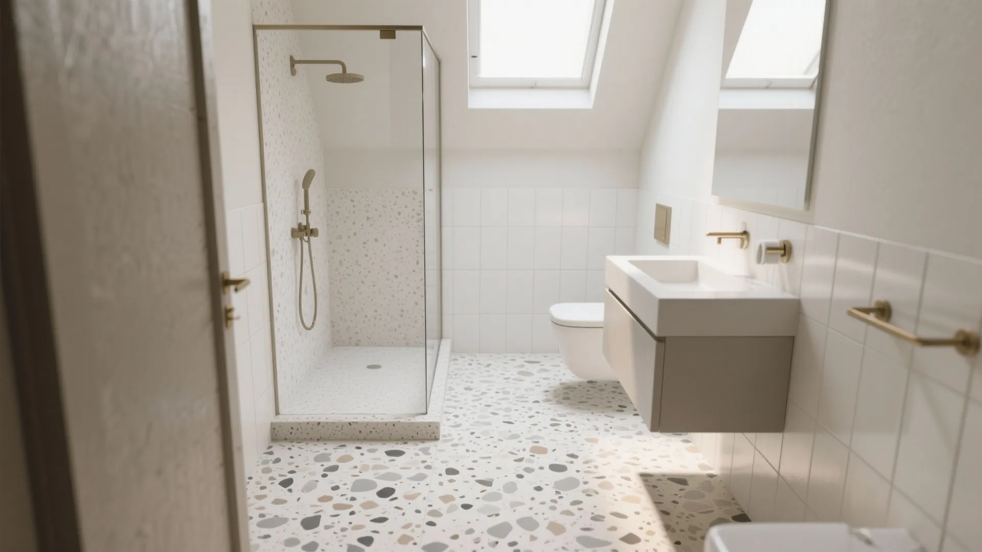 Small bathroom with colorful stone floor tiles and glass shower under a bright roof window