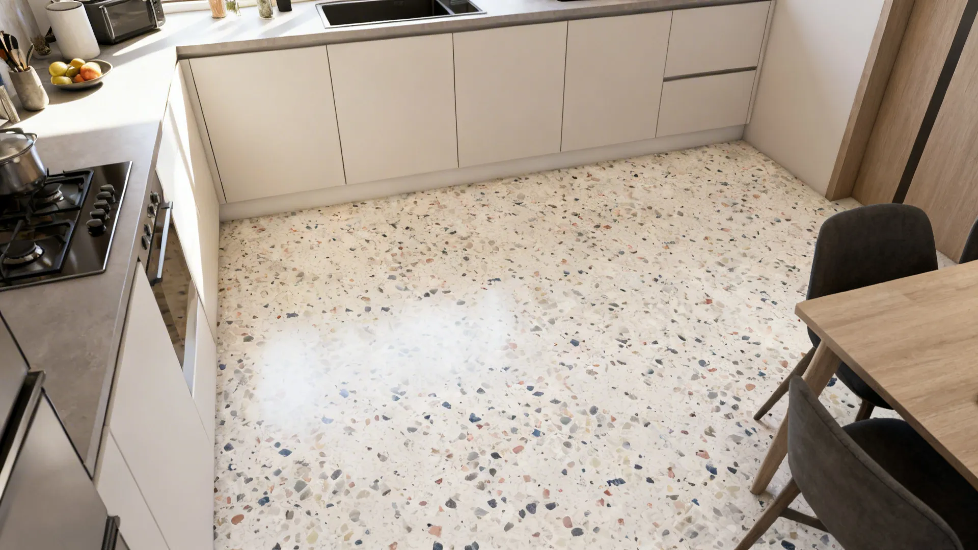 Bright kitchen interior featuring colorful speckled stone floor tiles white cabinets and wooden dining table