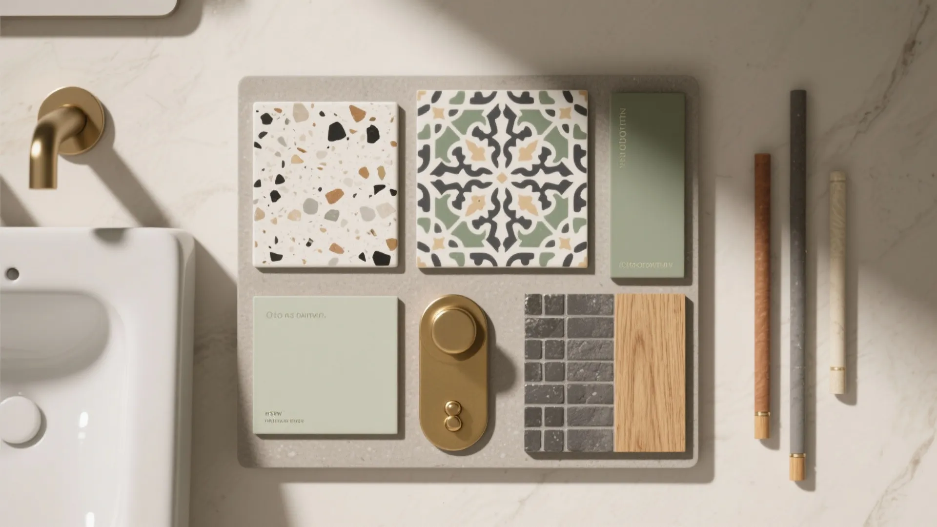 Interior design board with terrazzo tiles patterned tiles green paint wood and gold metal hardware