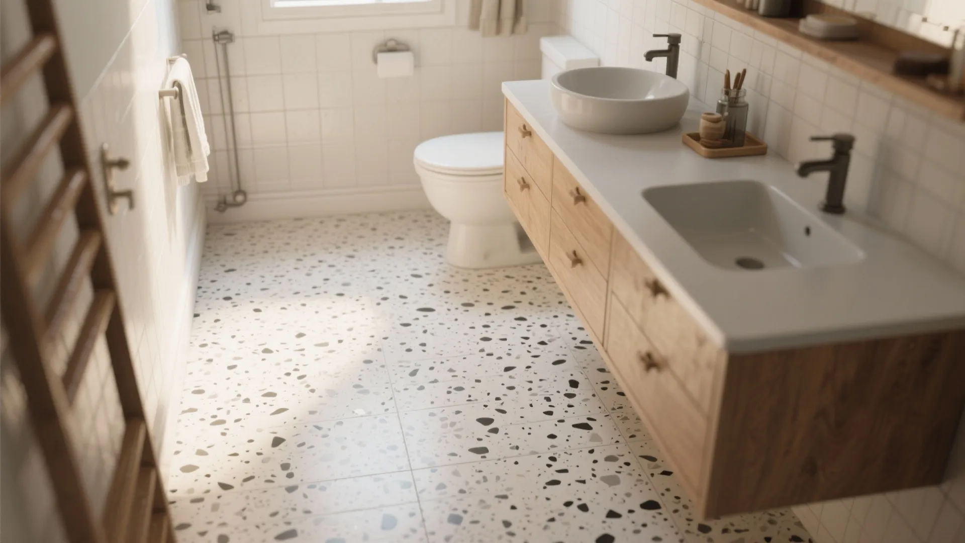 4. Monochrome terrazzo-look tiles for playful depth