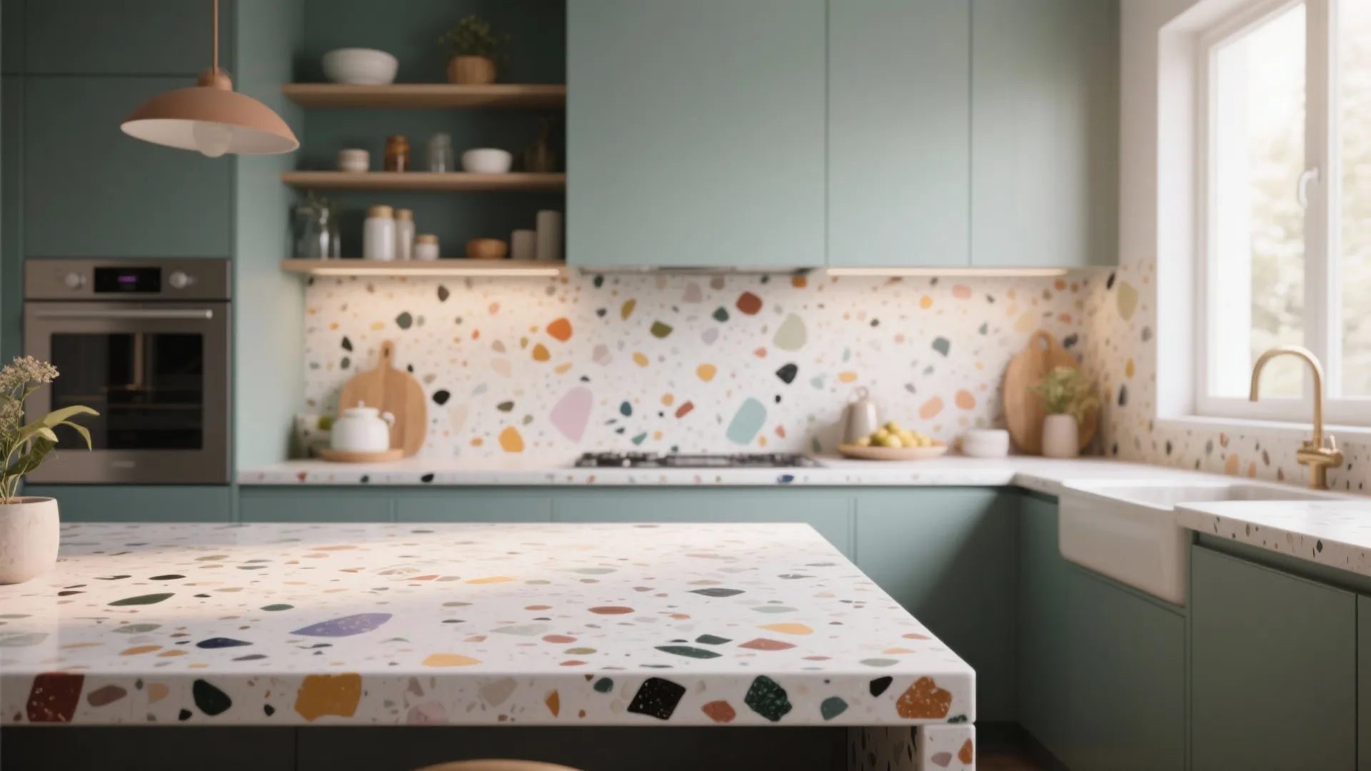 7. Terrazzo Countertops with Muted Paint
