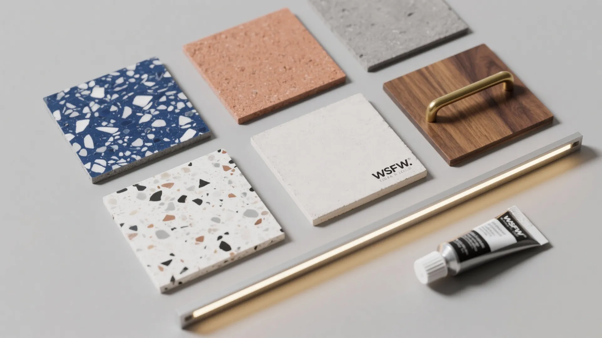 Interior design material palette showing terrazzo tiles wood samples brass handle and long light fixture