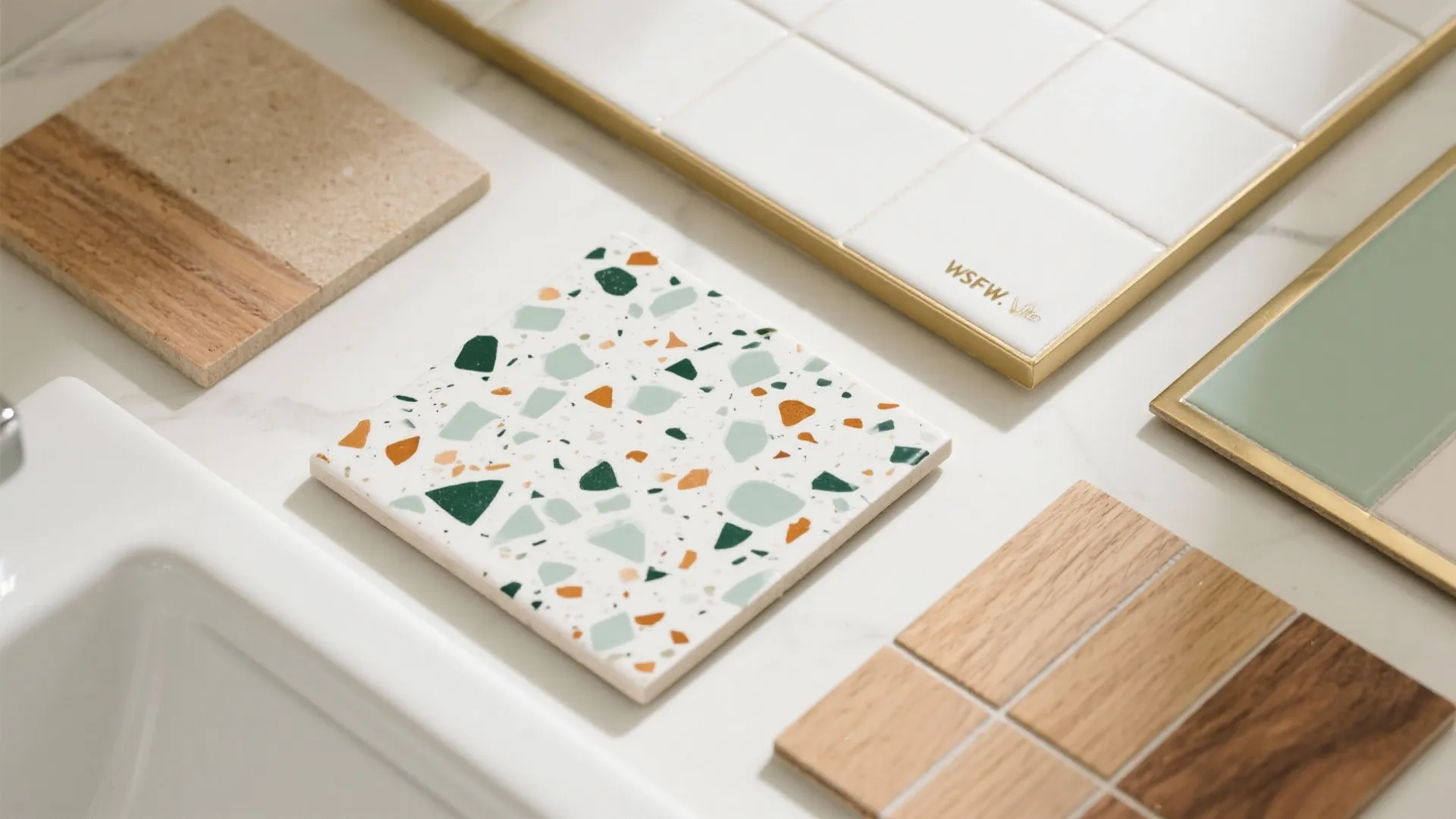 Interior design material samples showing speckled tile wood pieces and colorful wall tiles on table