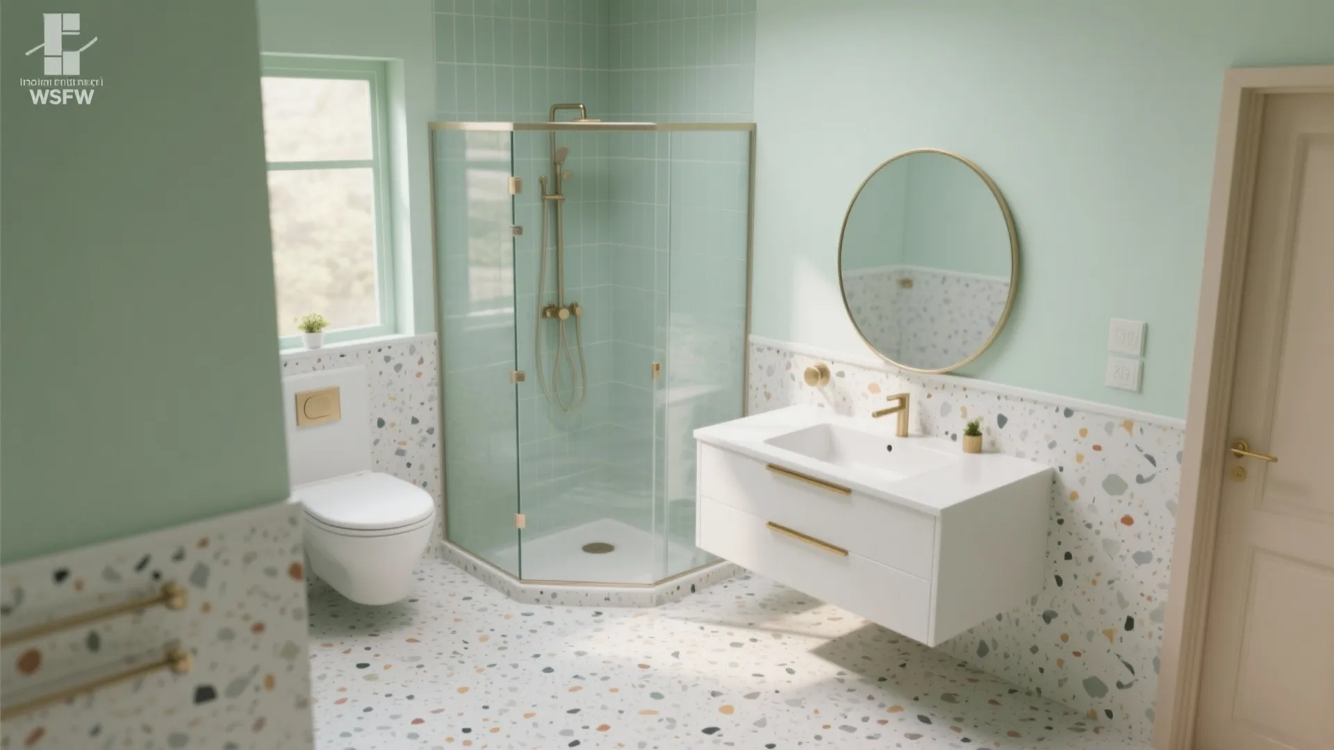 Matte Terrazzo Floors With Pastel Walls