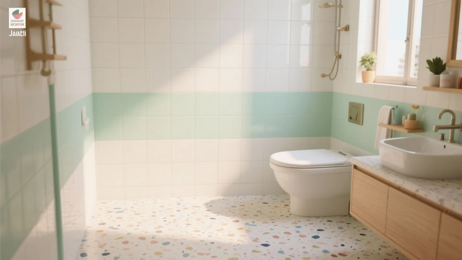 Colorful bathroom with green wall tiles speckled floor tiles a white toilet and wooden cabinet
