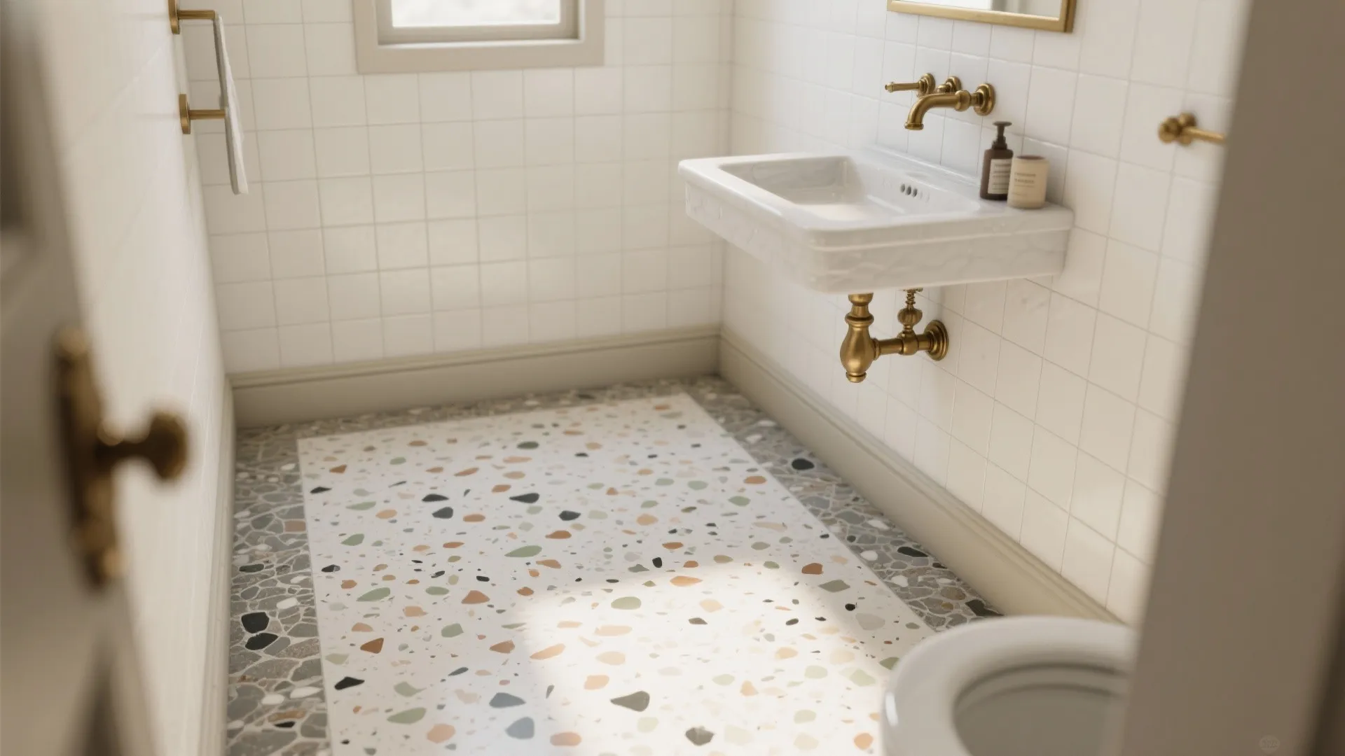 Small bathroom featuring colorful speckled floor tiles white square wall tiles and brass water tap