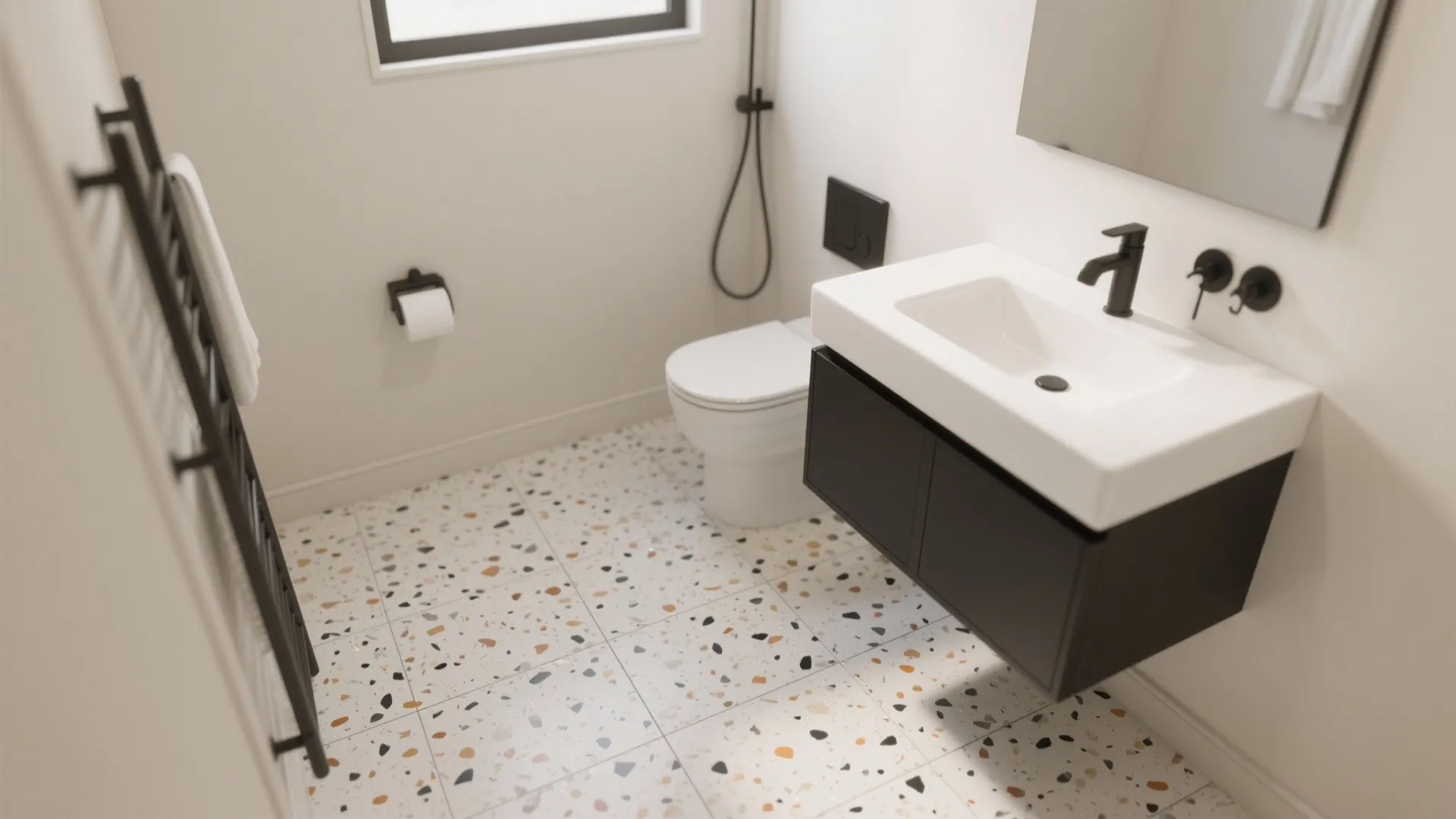 Subtle speckled terrazzo-look porcelain floor adds personality to a minimalist bathroom.