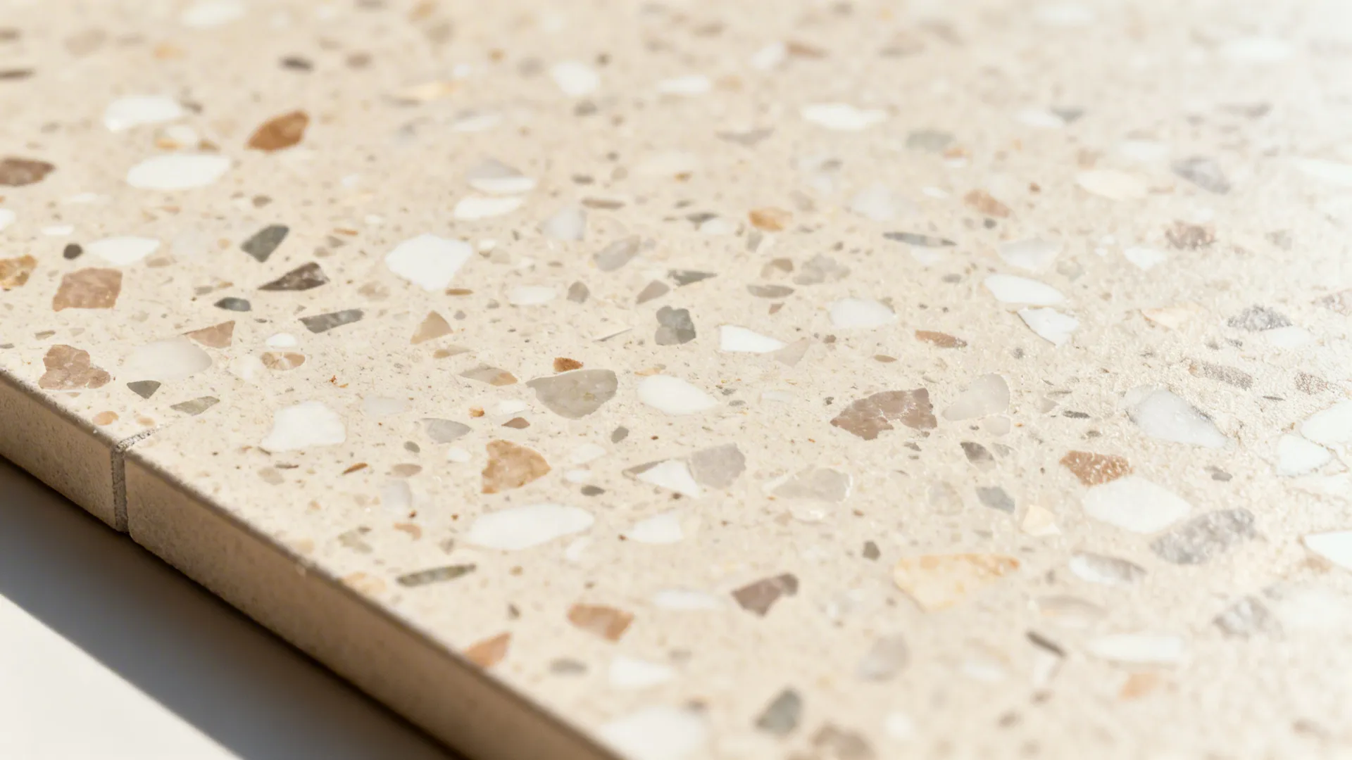 Macro of warm fine-chip terrazzo-look porcelain with tight grout joint.