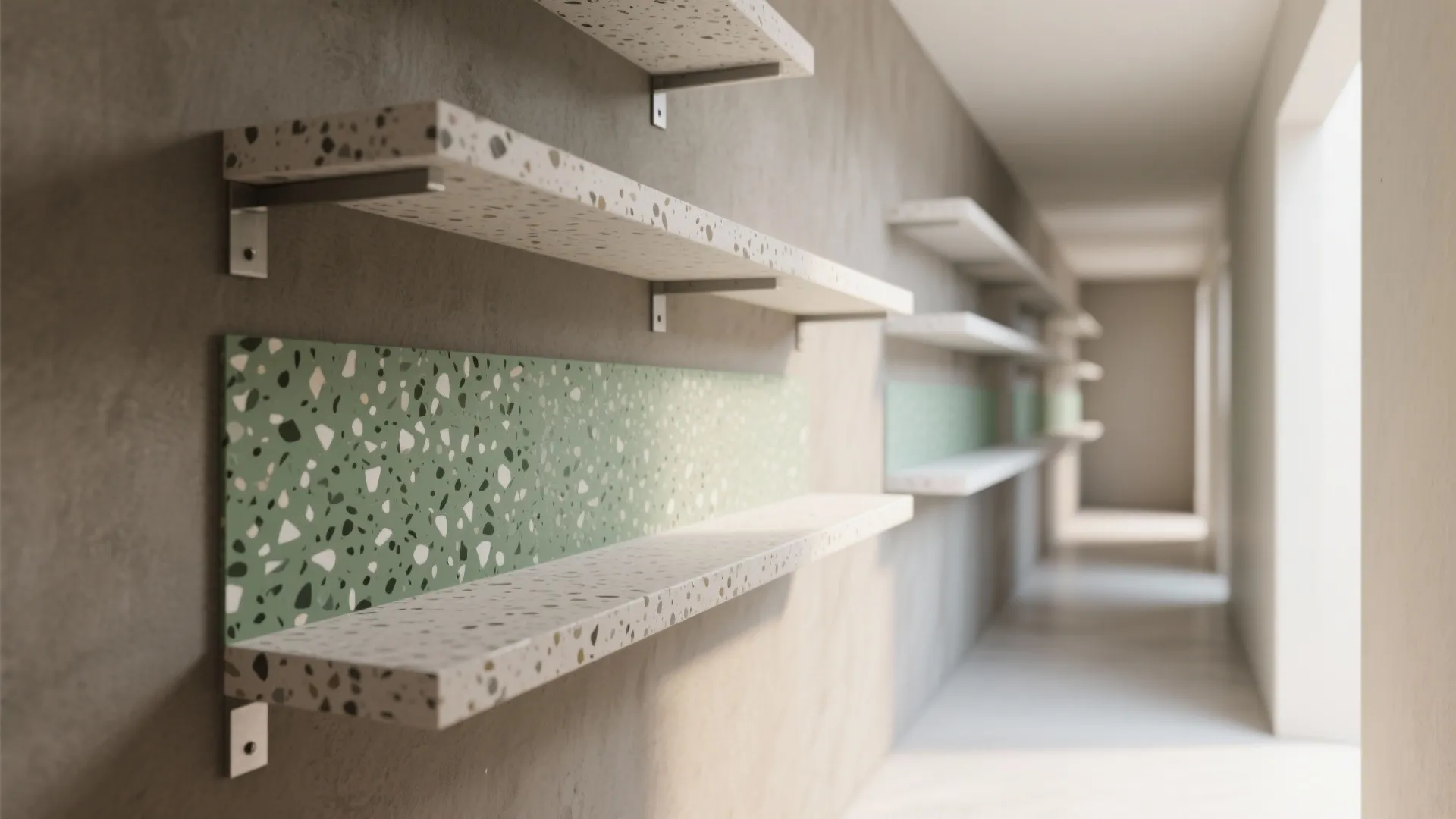 Minimalist stone pattern wall shelves in a long hallway with soft natural light from window
