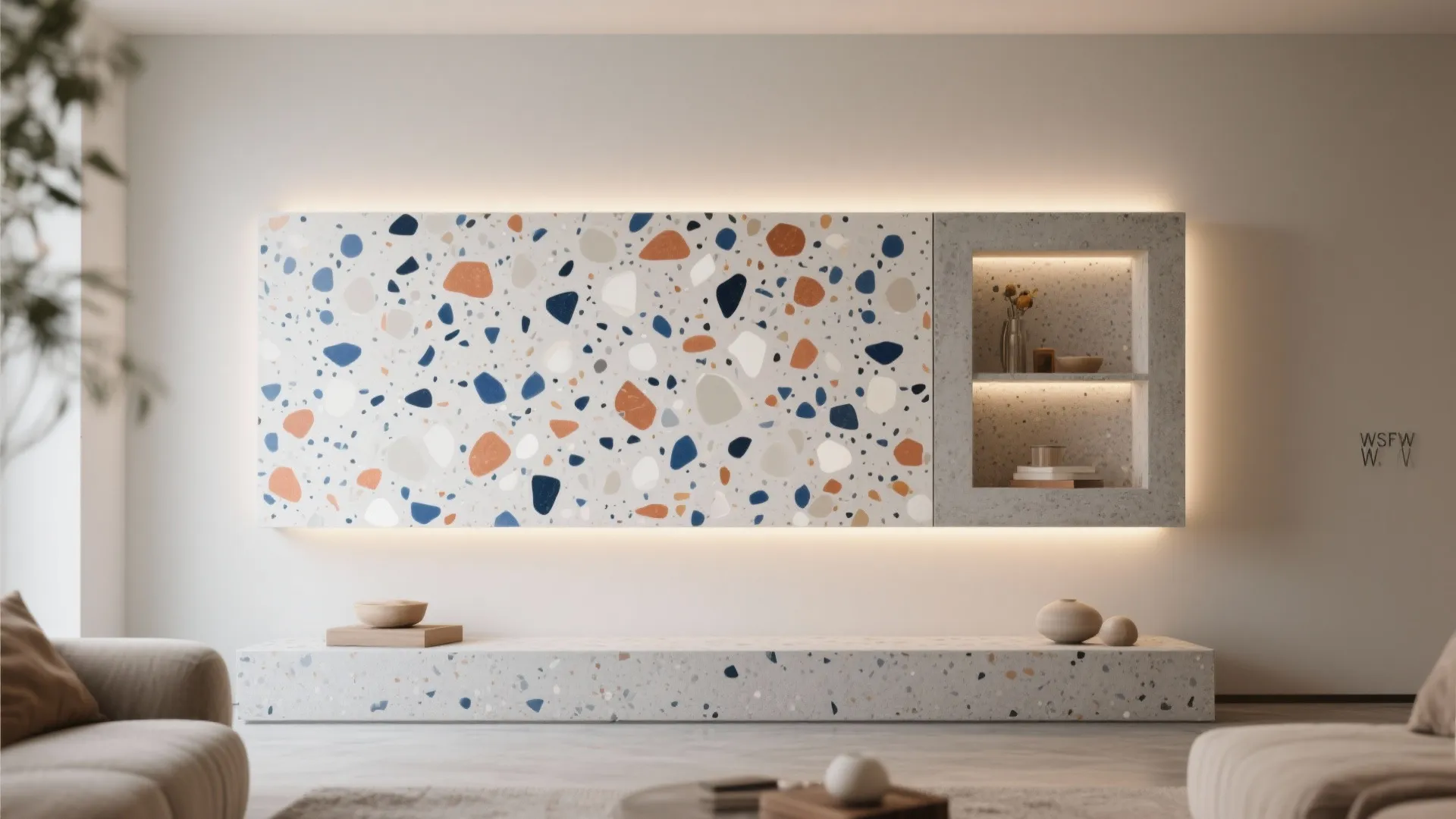 Modern living room featuring large terrazzo wall panel with colorful stone chips and warm lighting