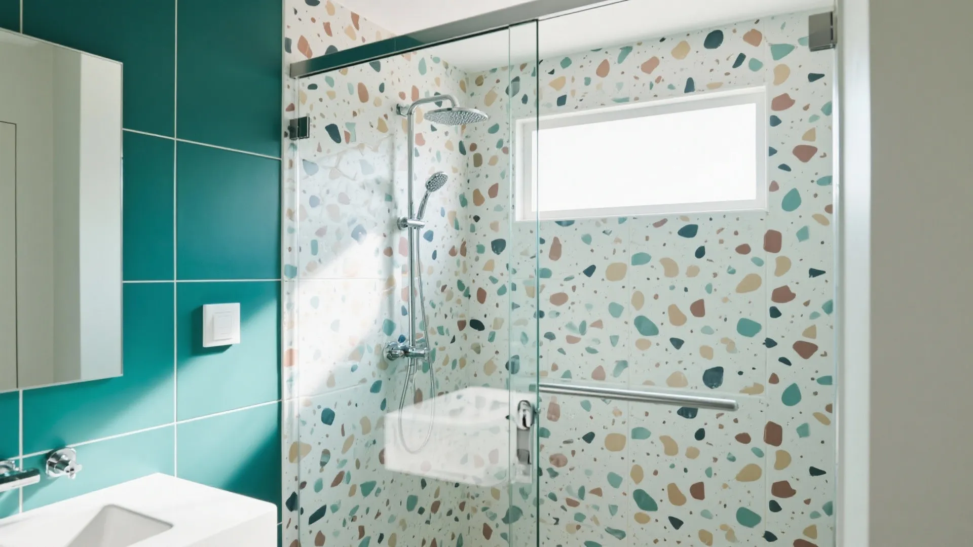 Modern bathroom with colorful terrazzo tile shower teal wall tiles glass door and silver shower