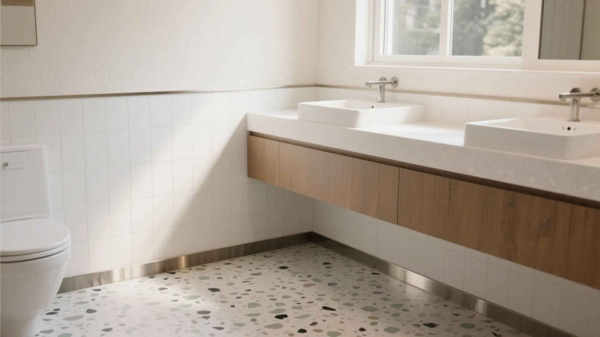 Modern bathroom with terrazzo floor white wall tiles wooden cabinet double sinks and white toilet