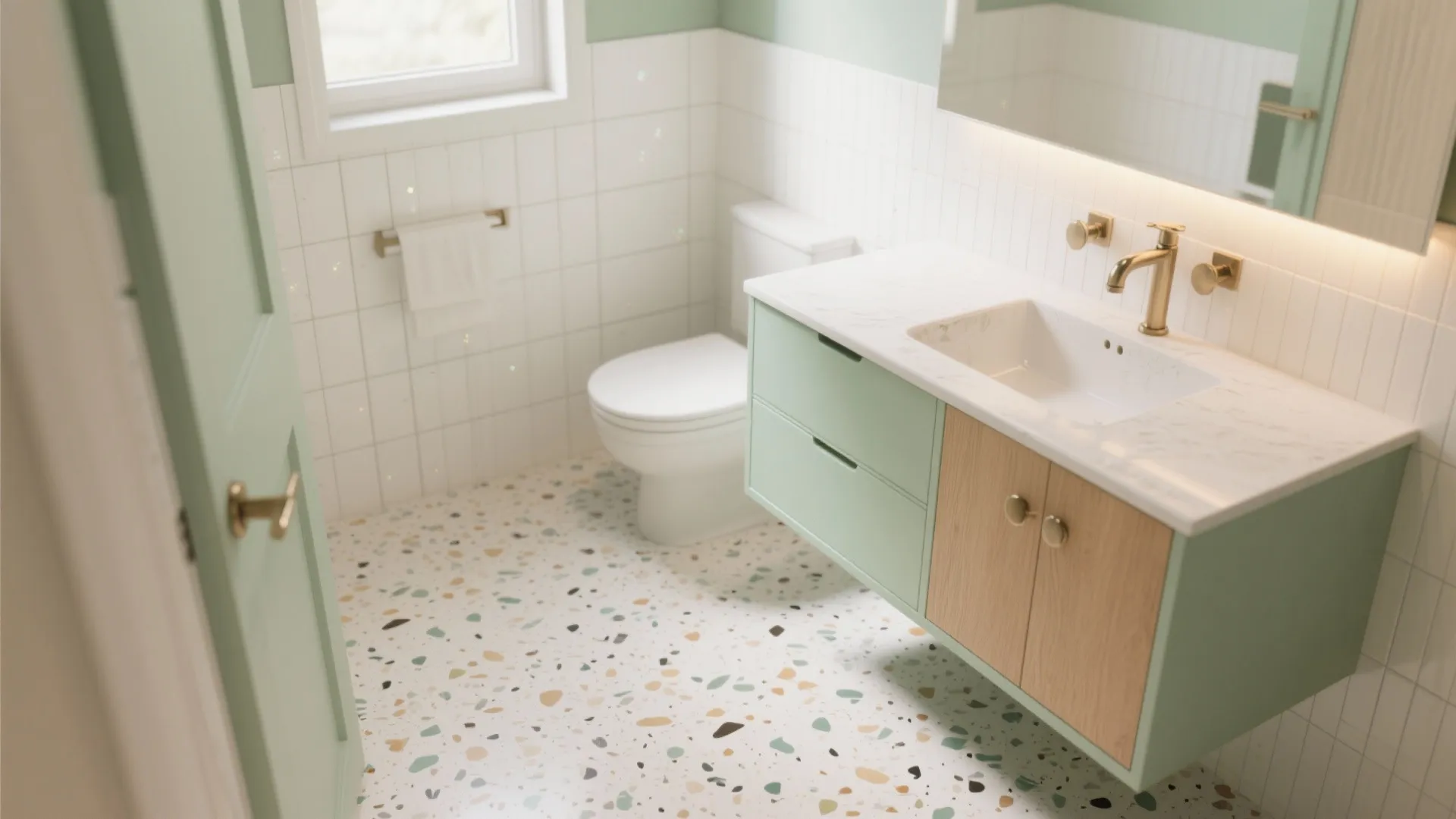 Modern bathroom featuring colorful speckled floor tiles green cabinet wood doors white toilet and gold tap