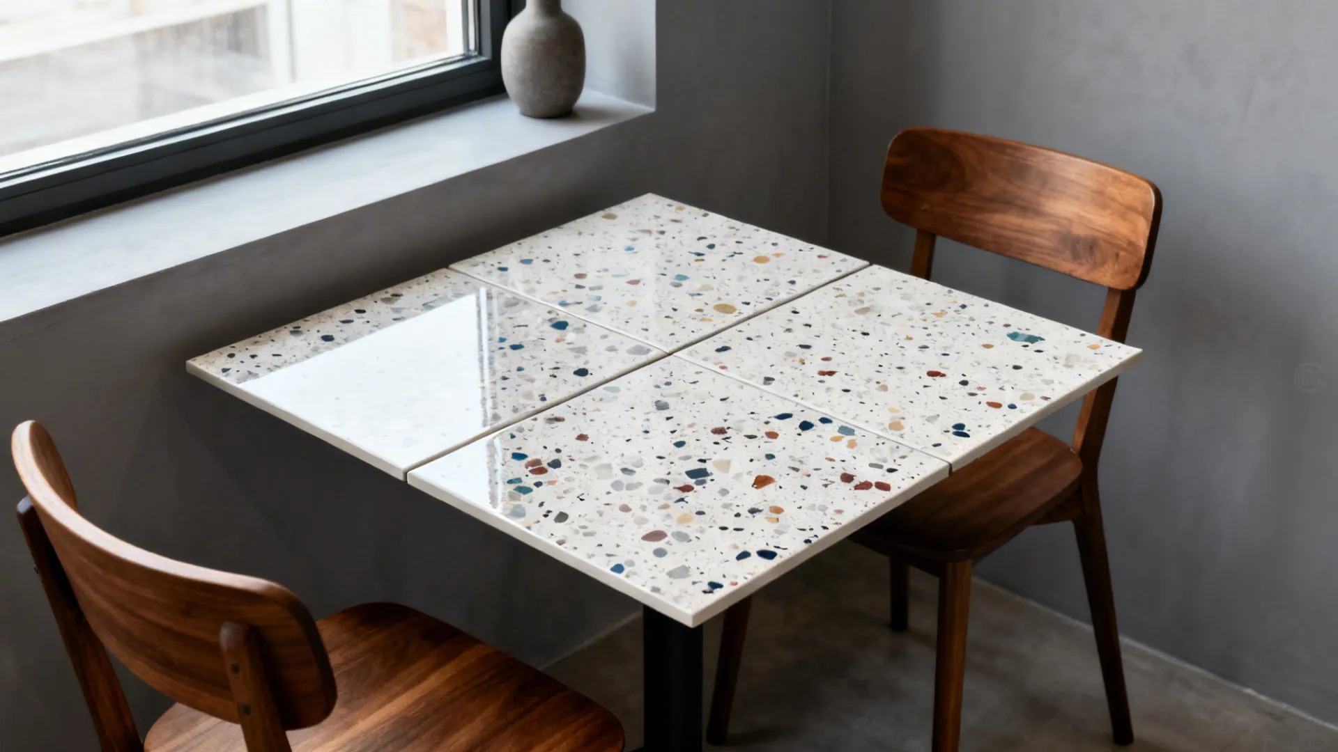 Large-format terrazzo-look porcelain tiled bistro table near a window with warm wood chairs.