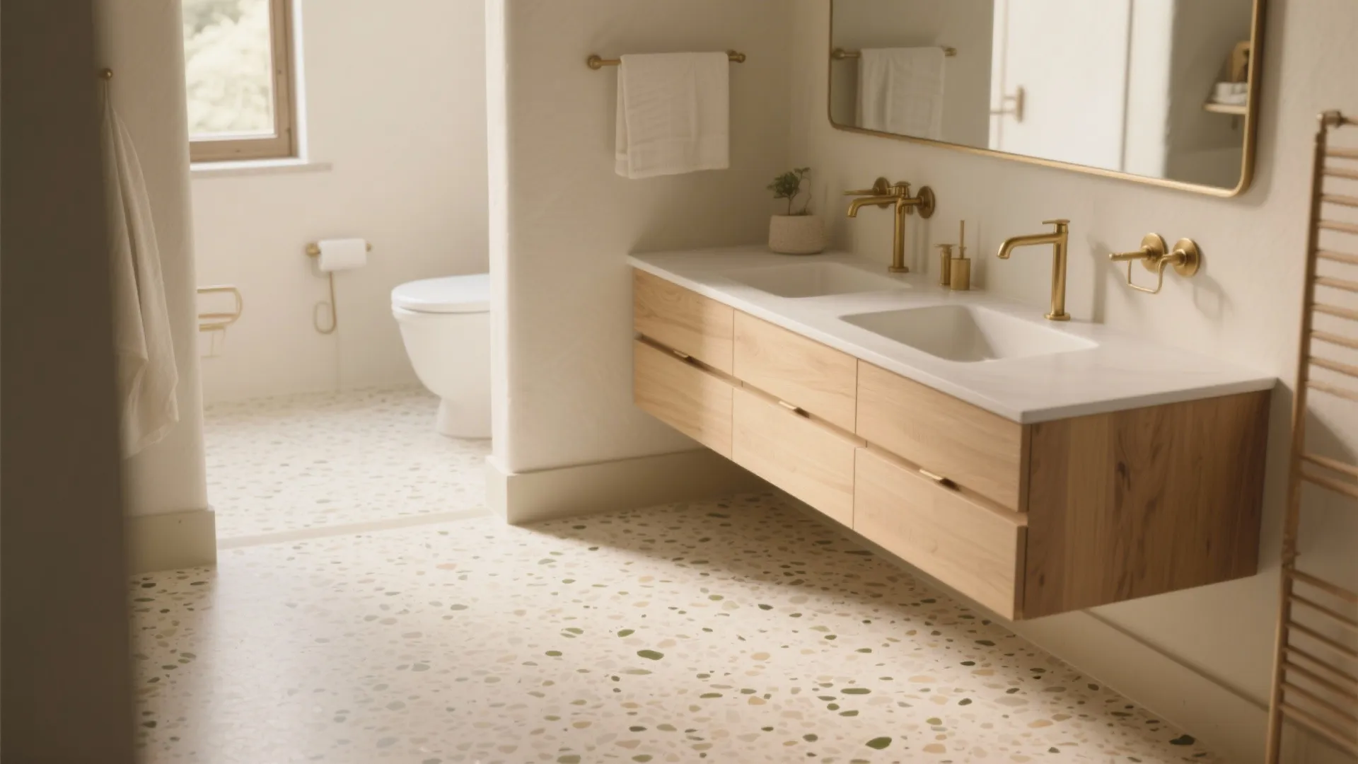 Micro-terrazzo bathroom floor with light oak vanity and warm brass accents in a Tuscan-inspired palette.