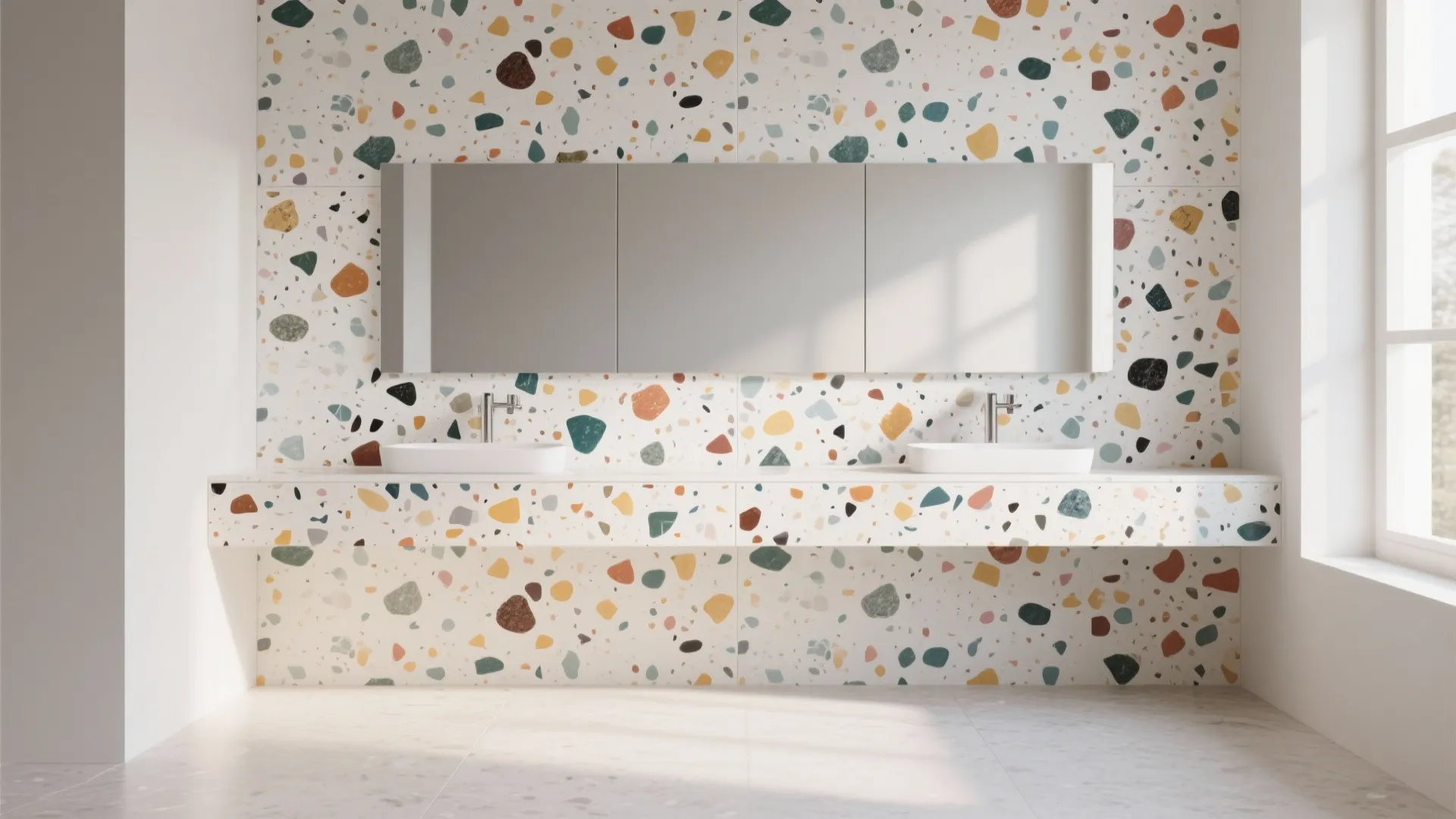 Minimalist bathroom design with colorful stone pattern wall large mirror and double white sinks setup