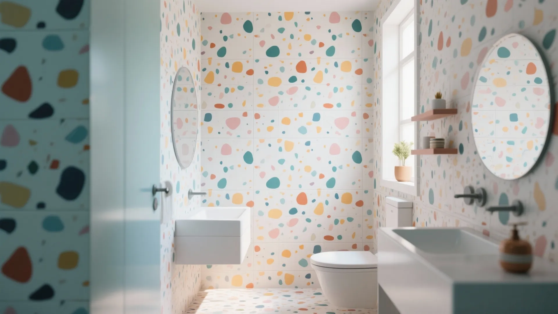 Bright bathroom featuring colorful terrazzo wall tiles white sink toilet and two round wall mirrors