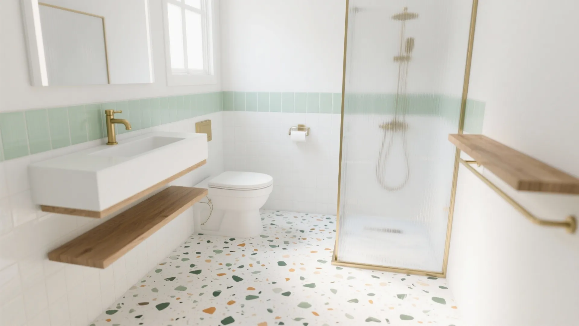 Modern bathroom with white toilet and sink plus stone floor and green wall tile design