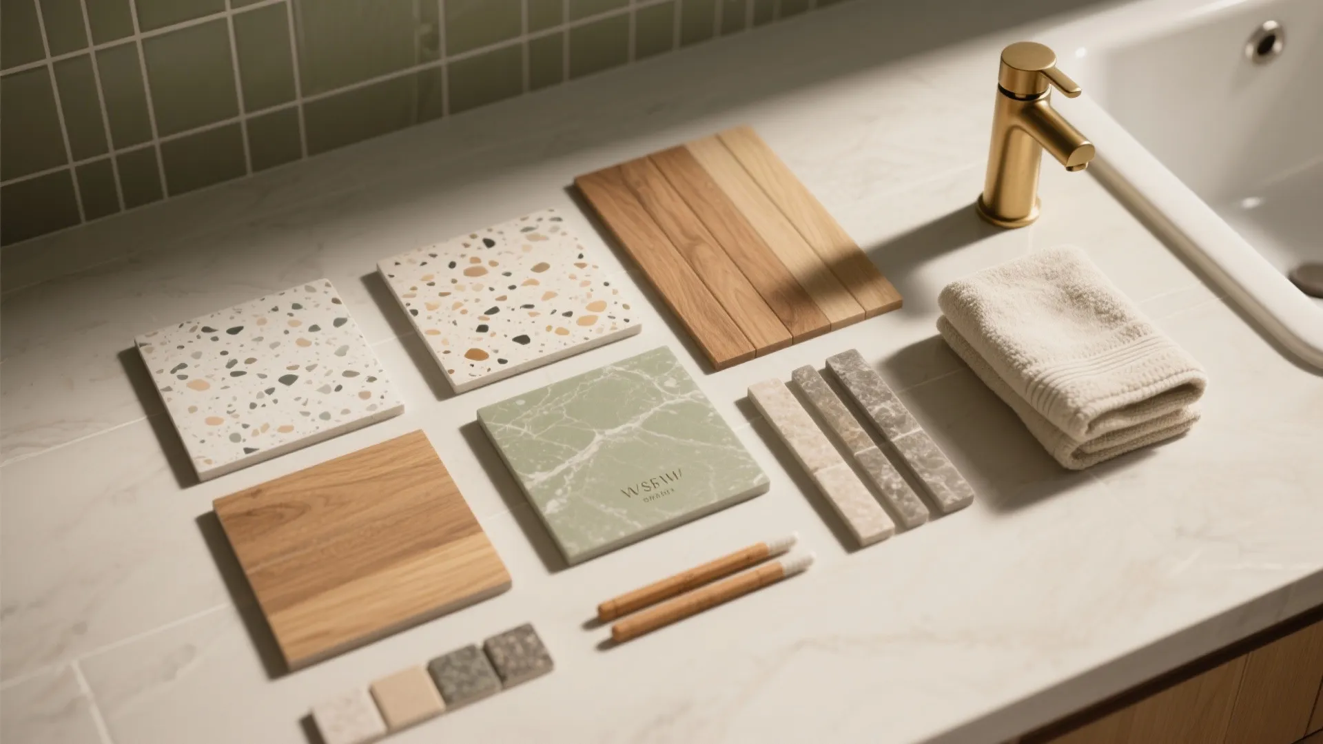 Warmth and texture: stone, terrazzo, and wood‑look porcelain