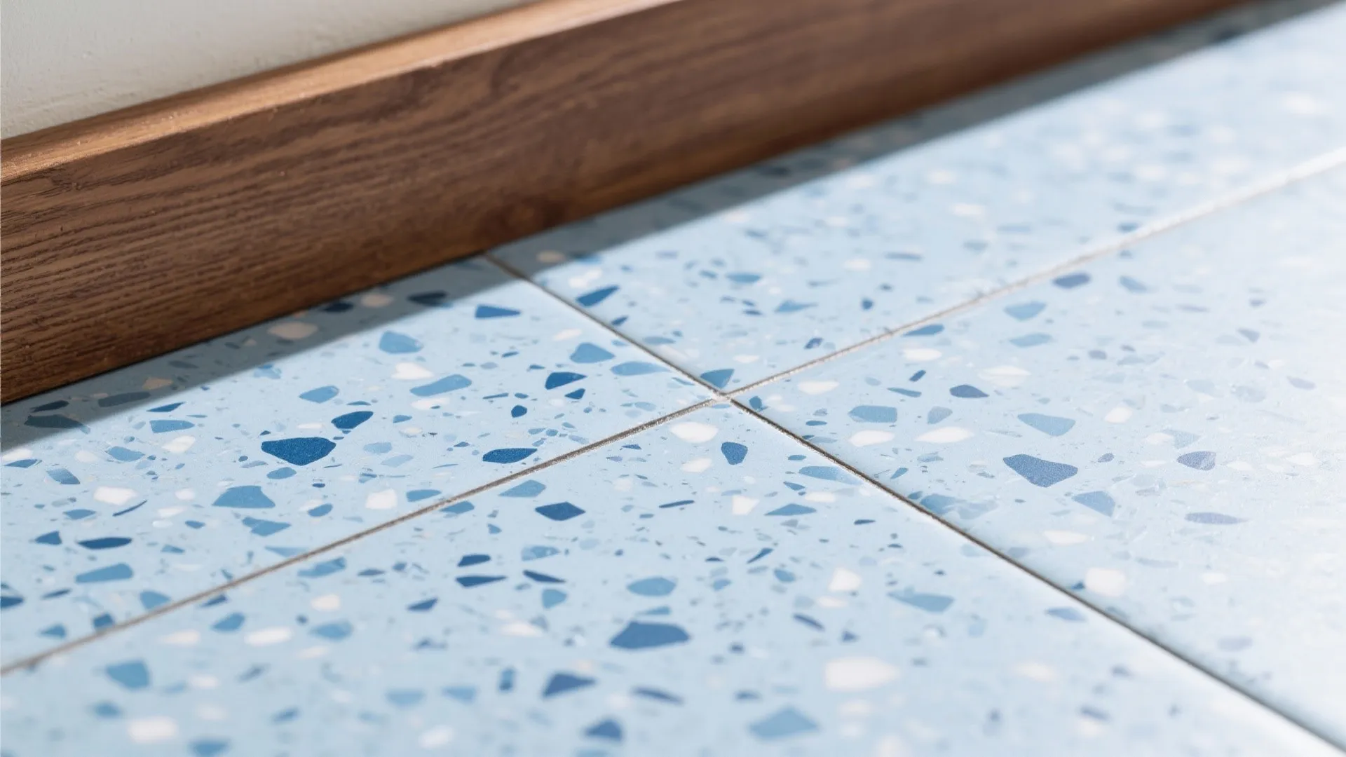 5) Blue Terrazzo with Warm Wood Accents