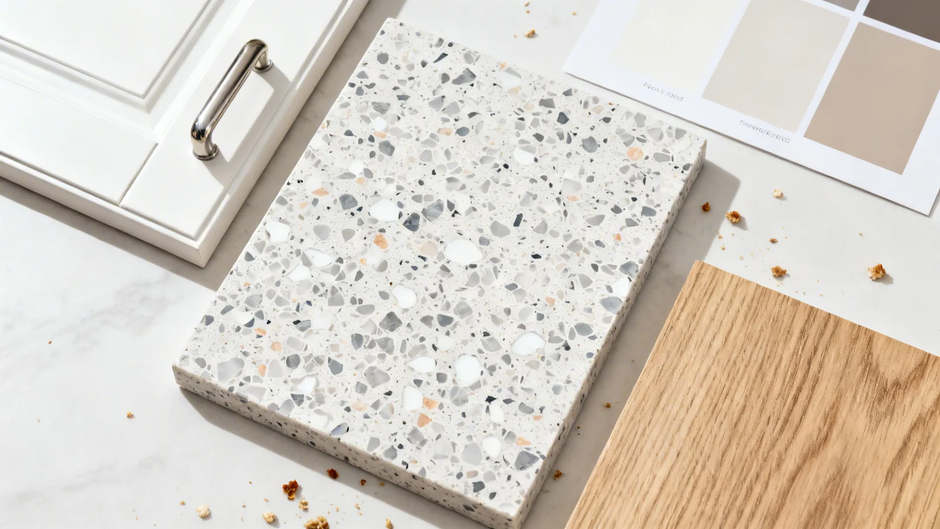 Top-down terrazzo sample with fine chips beside white oak, hardware, and neutral paint swatches.