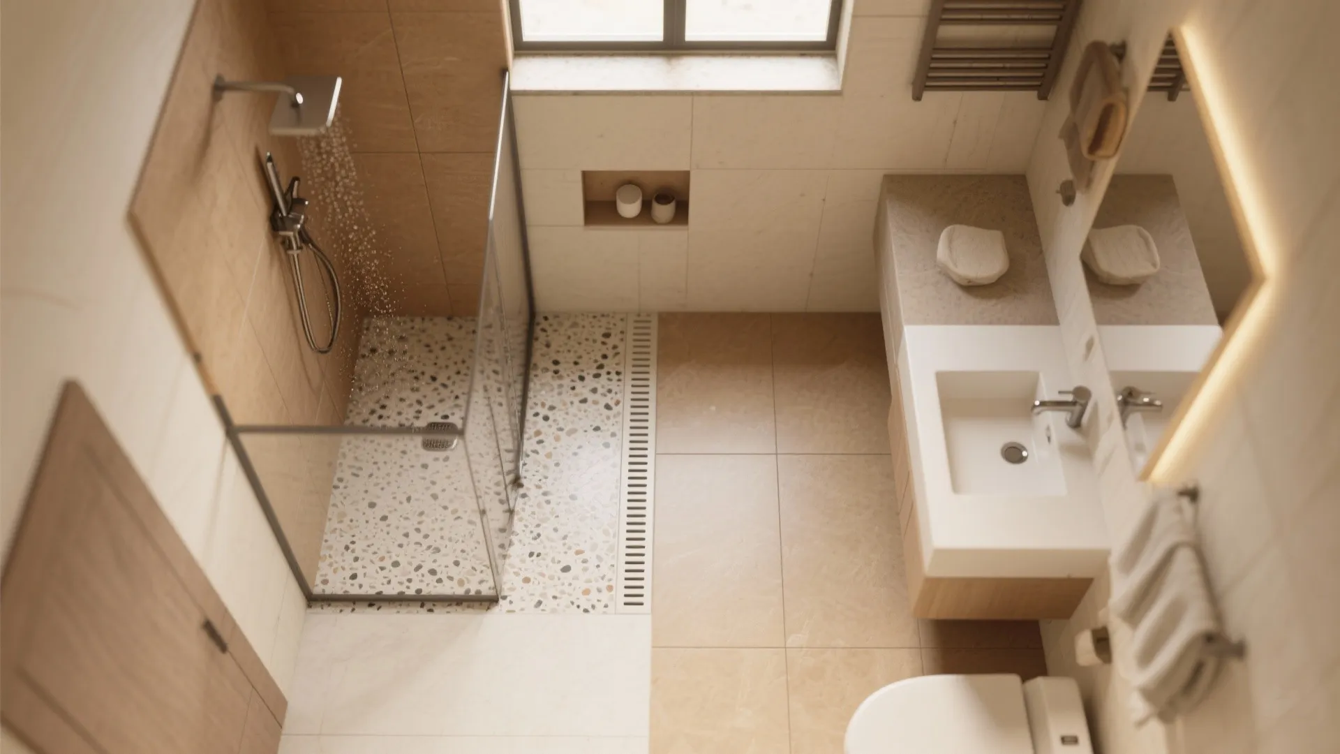 Matte Terrazzo + Large-Format for Wet–Dry Zoning