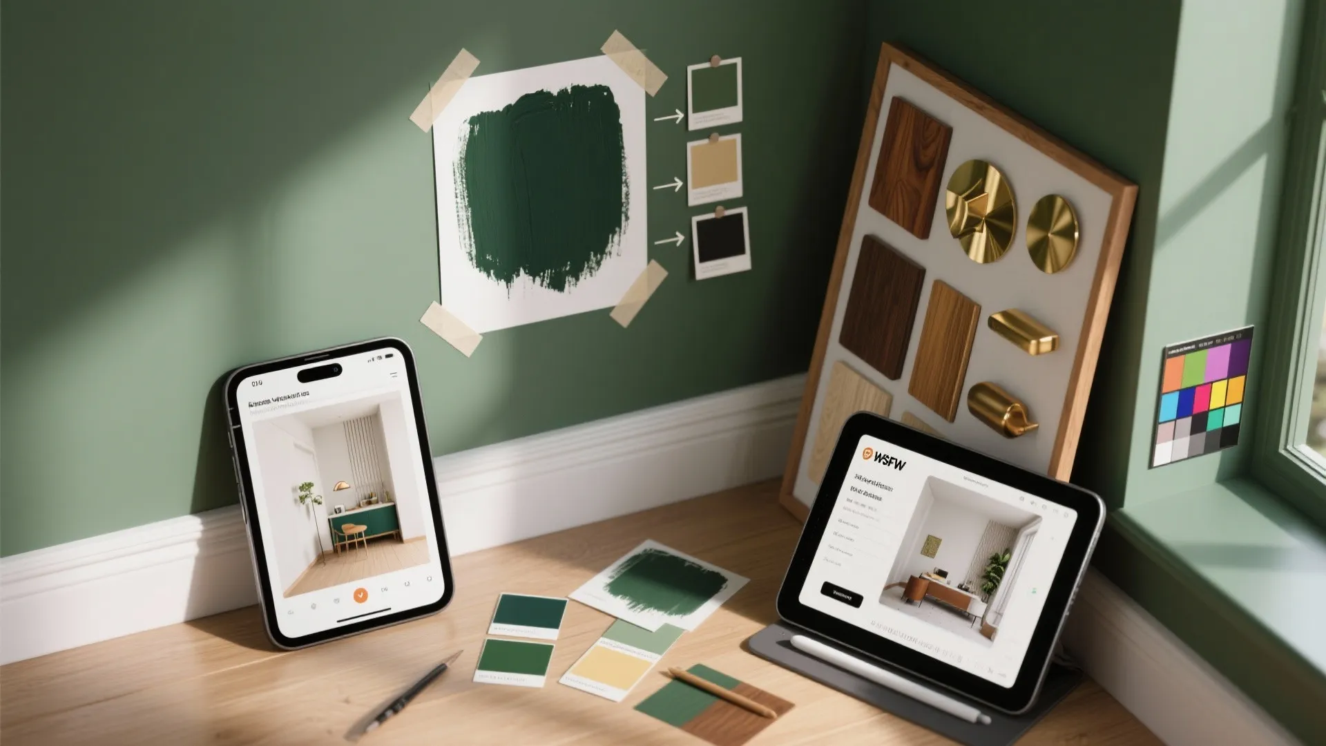 Top-down view of paint swatches, a tablet showing a 3D room mockup and a moodboard for testing dark green.
