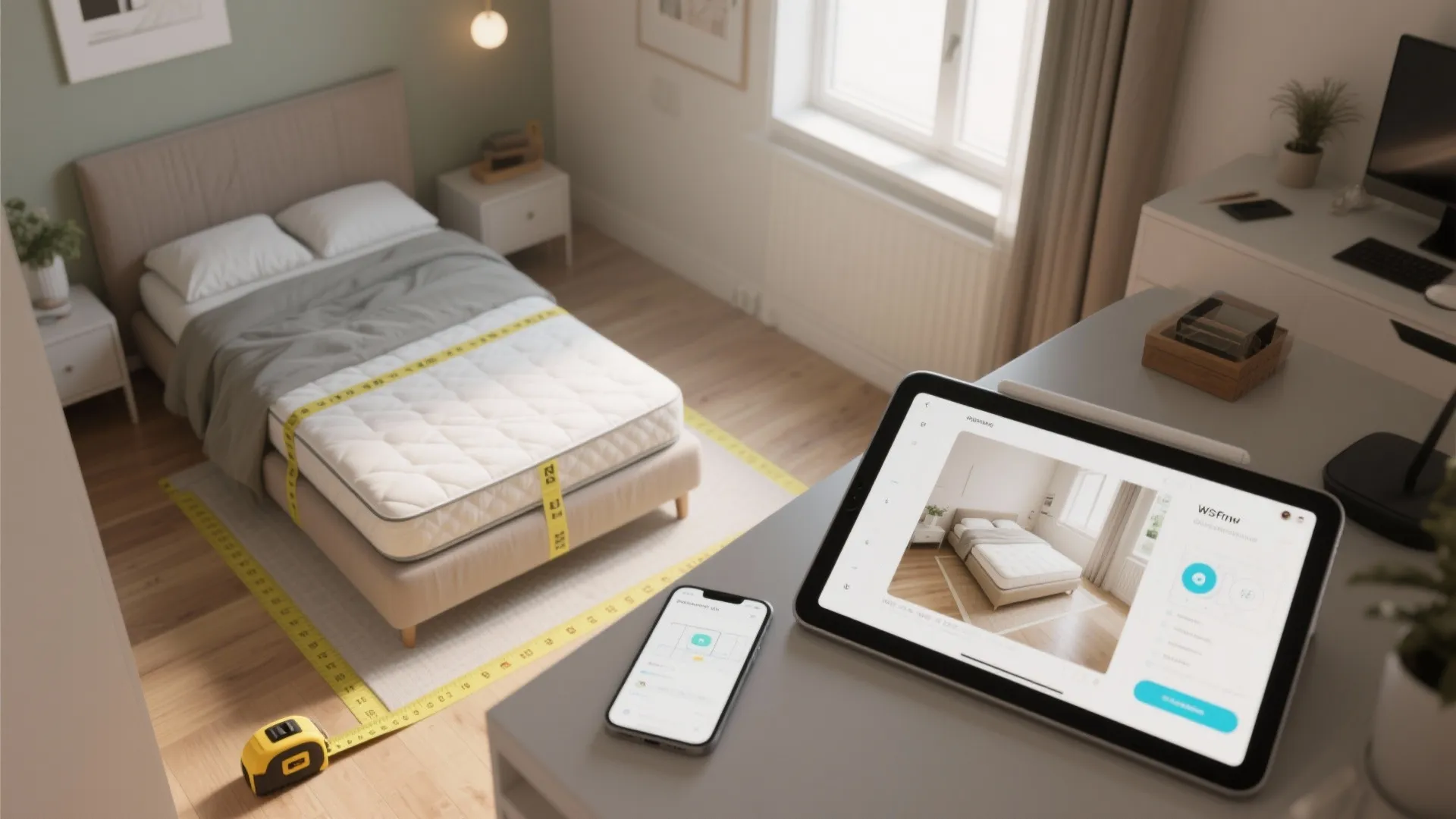 Digital tablet showing bedroom design software next to a real bed with yellow measuring tape