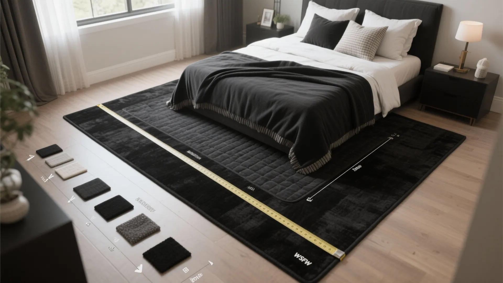 Top-down visuals showing steps to test a black rug with pads, throws, and measurements