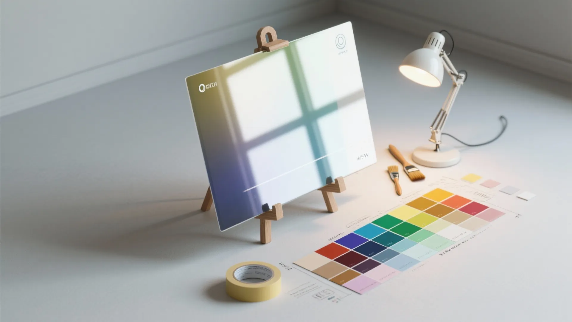 Design sample board on wooden stand with colorful paint palette and small desk lamp nearby