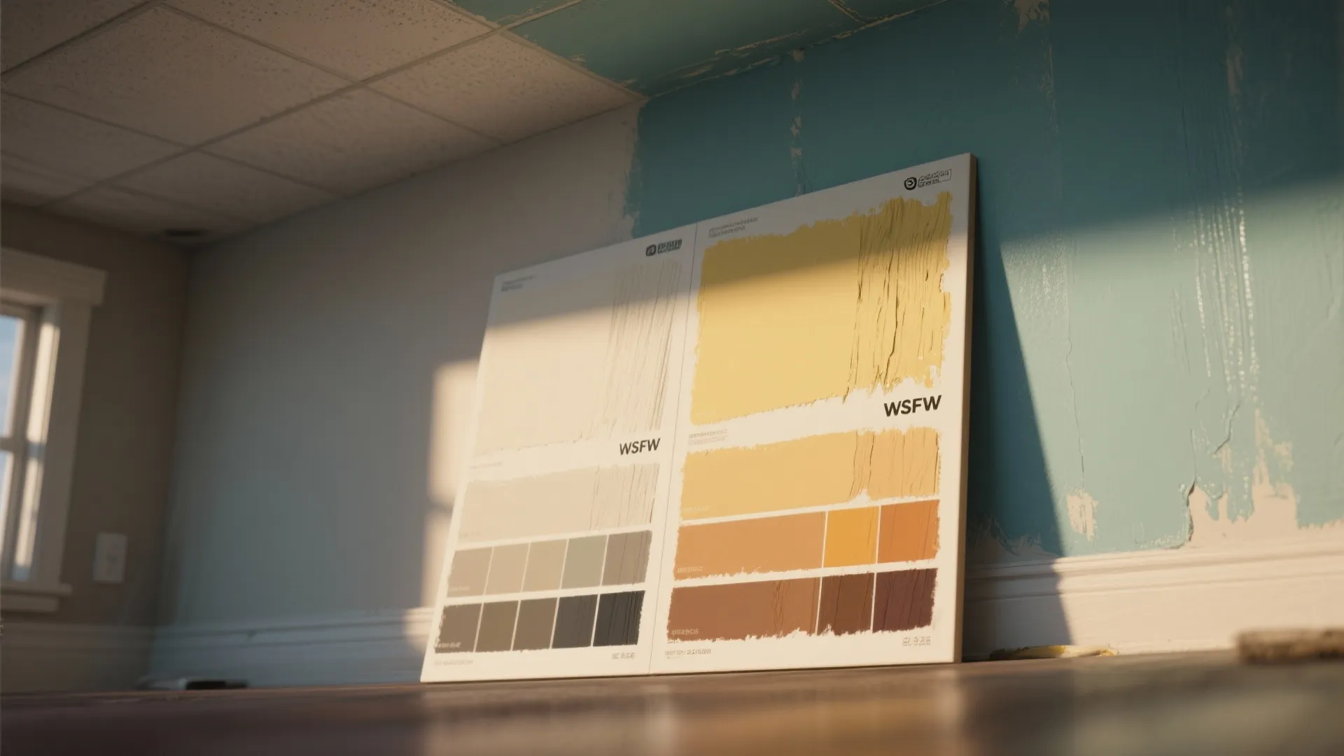 2x2ft paint sample board leaning against wall near the ceiling showing both ceiling and wall samples.